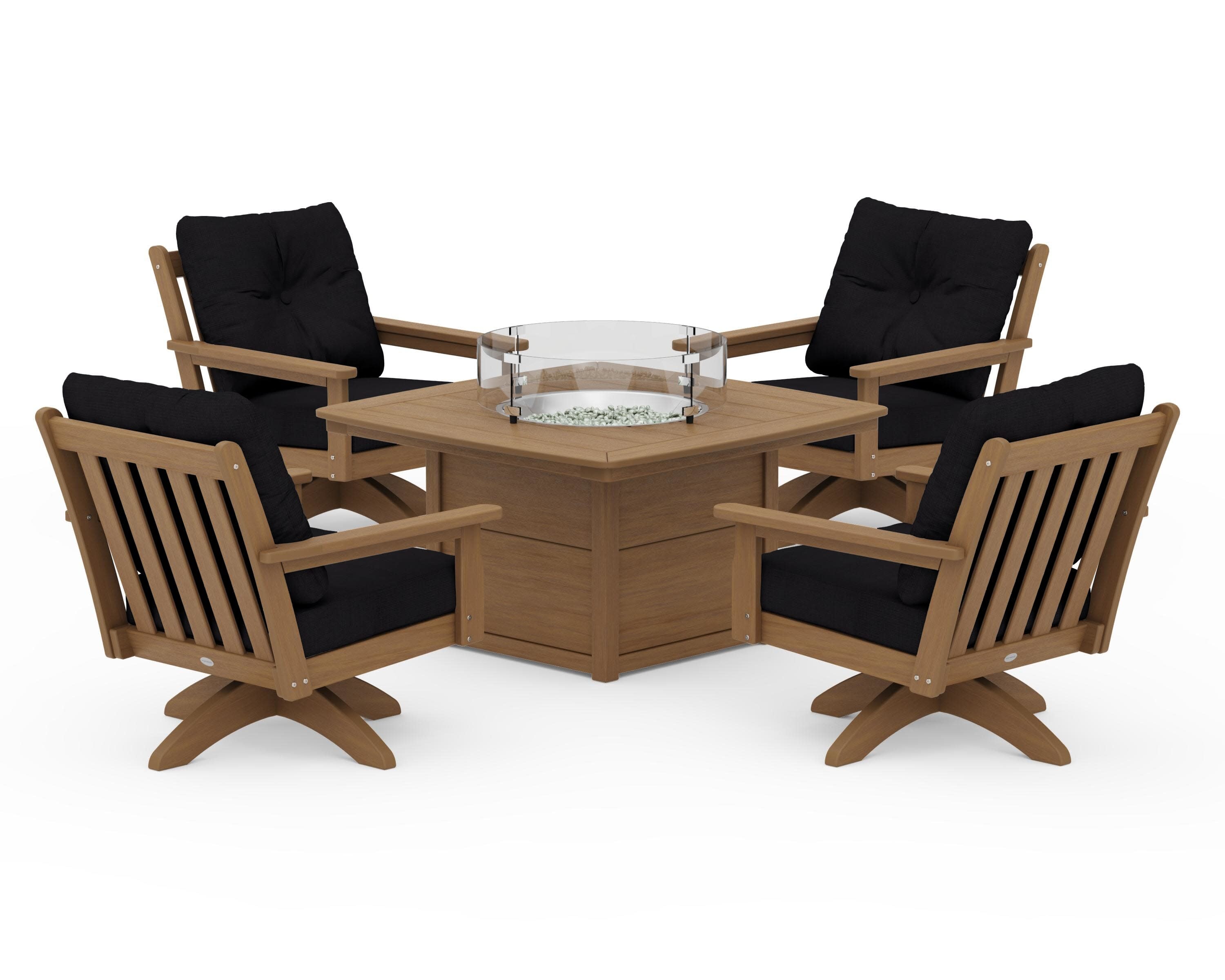 Vineyard 5-Piece Deep Seating Swivel Conversation Set with Fire Pit Table in Natural / Midnight Linen