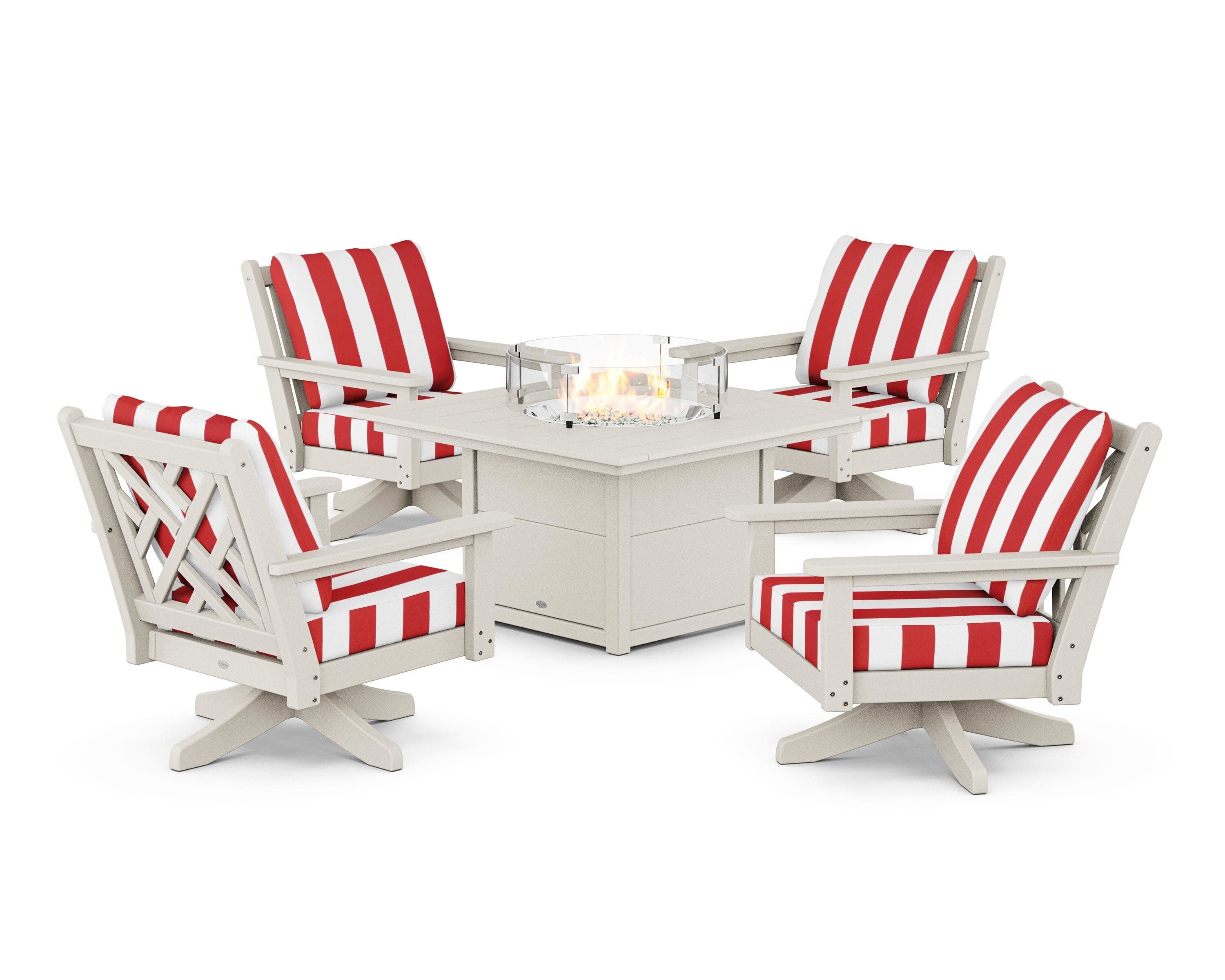 Chippendale 5-Piece Deep Seating Swivel Conversation Set with Fire Pit Table in Sand / Cabana Stripe Crimson