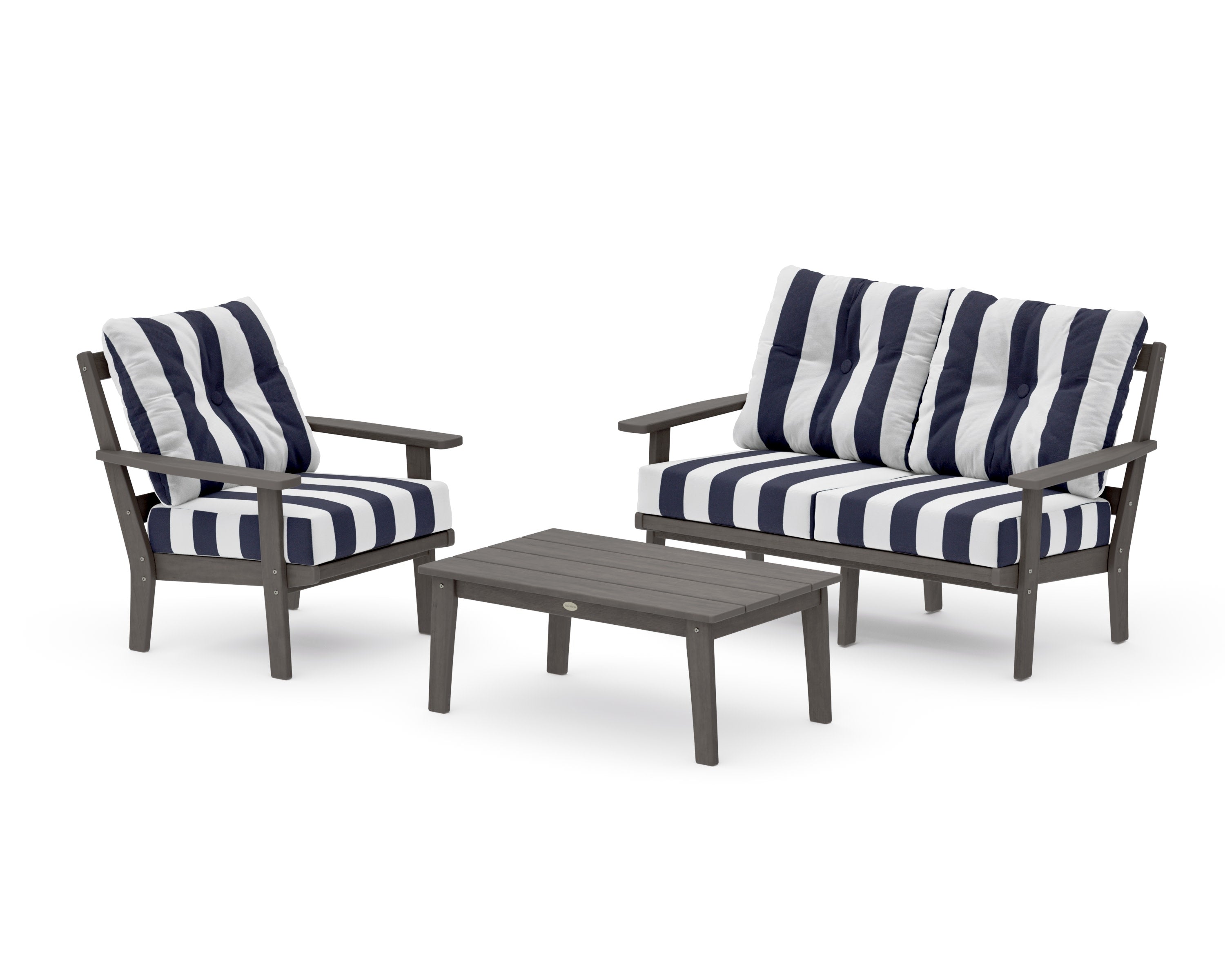 Prairie 3-Piece Deep Seating Set with Loveseat in Driftwood / Cabana Stripe Navy
