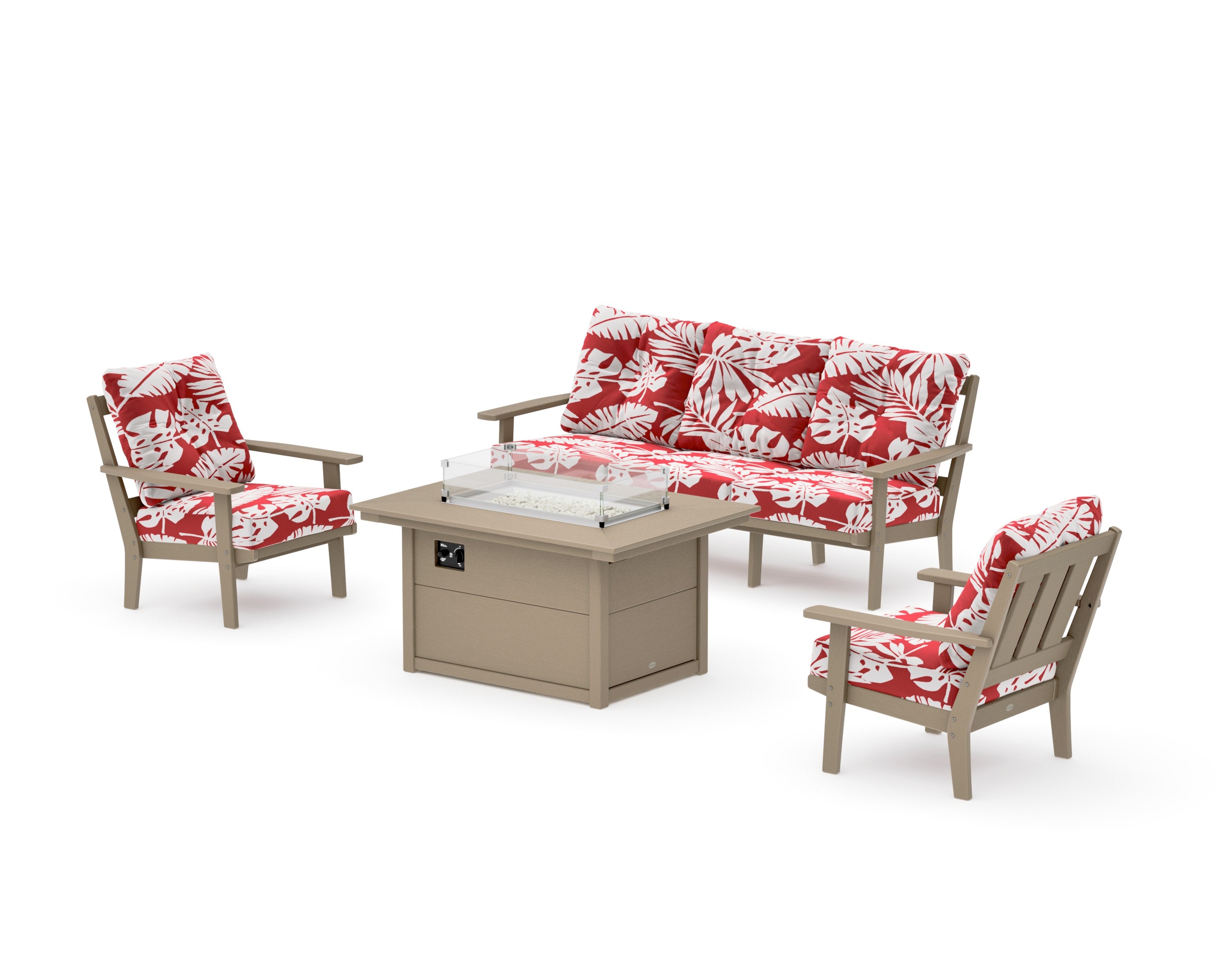 Oxford Deep Seating Fire Pit Table Set in Vintage Sahara / Leaf Crimson