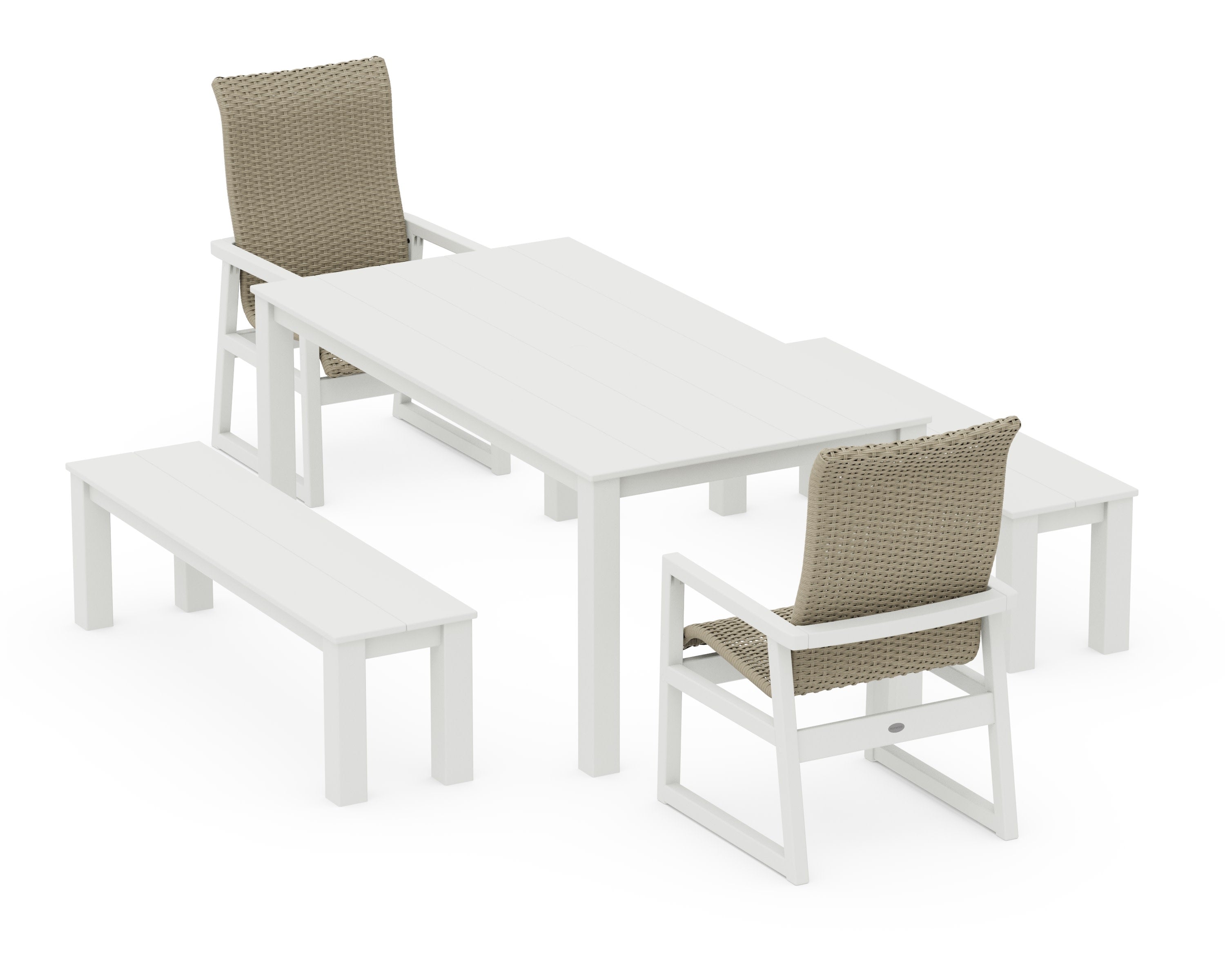 EDGE Woven Highback 5-Piece Parsons Dining Set with Benches in Vintage White / Dune Grass