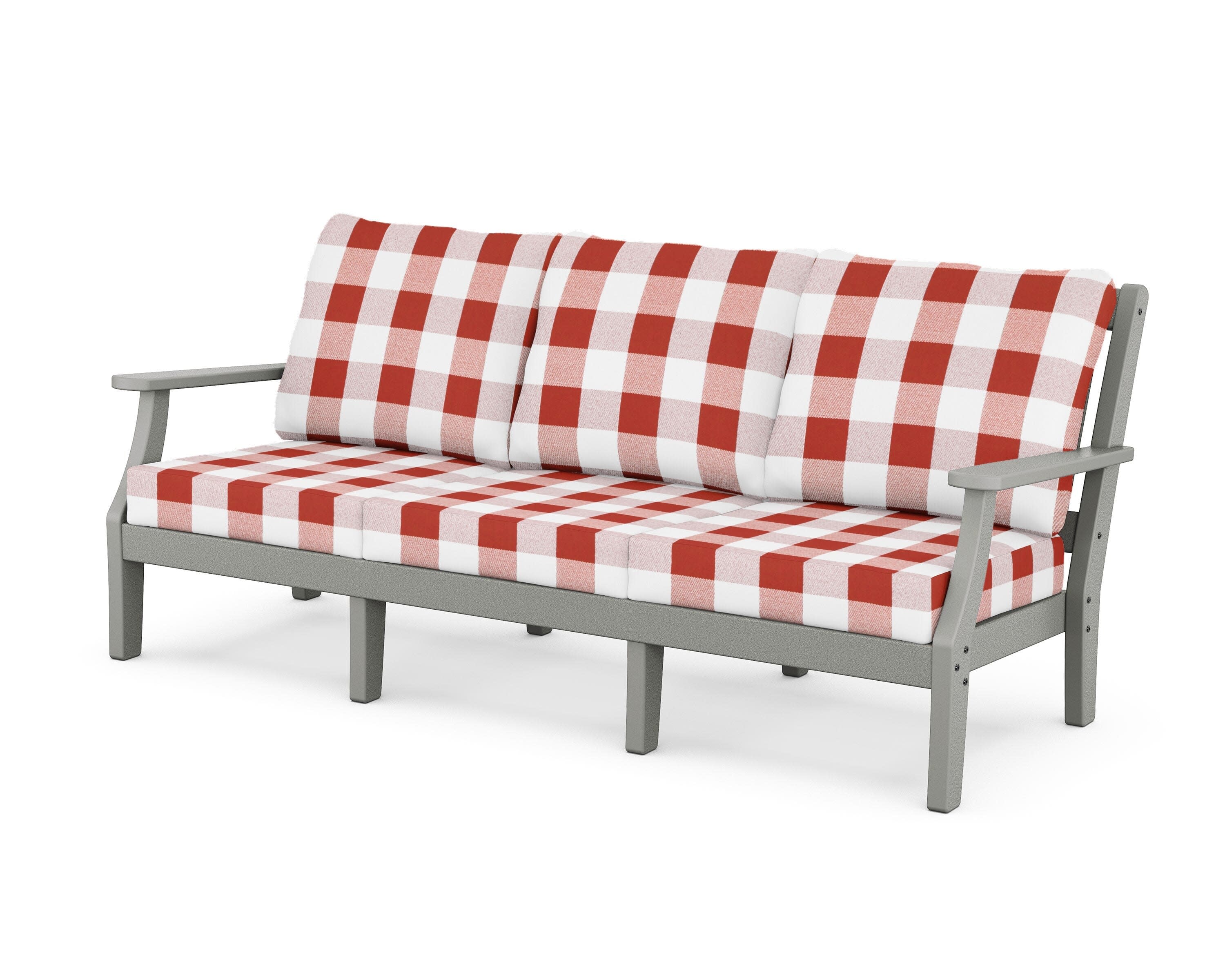 Chinoiserie Deep Seating Sofa in Slate Grey / Buffalo Plaid Crimson