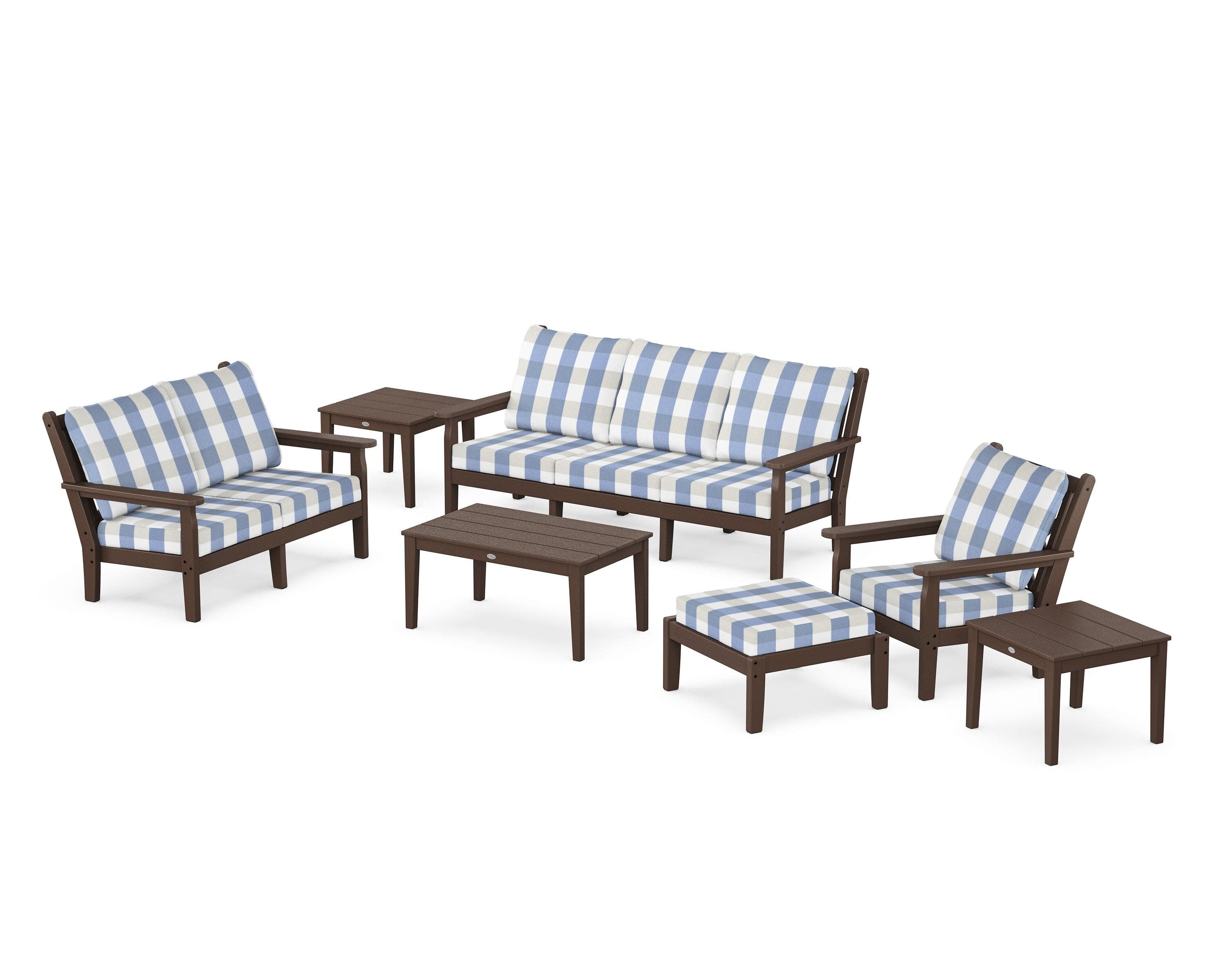 Chippendale 7-Piece Deep Seating Set in Mahogany / Buffalo Plaid Sky Blue