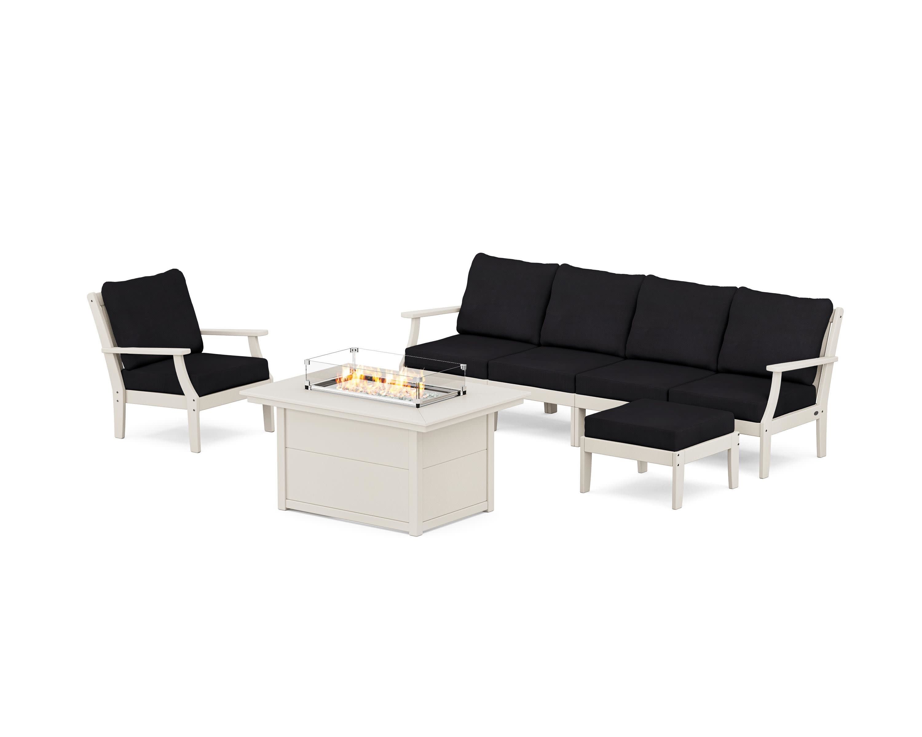 Braxton Sectional Lounge and Fire Pit Set in Sand / Midnight Linen