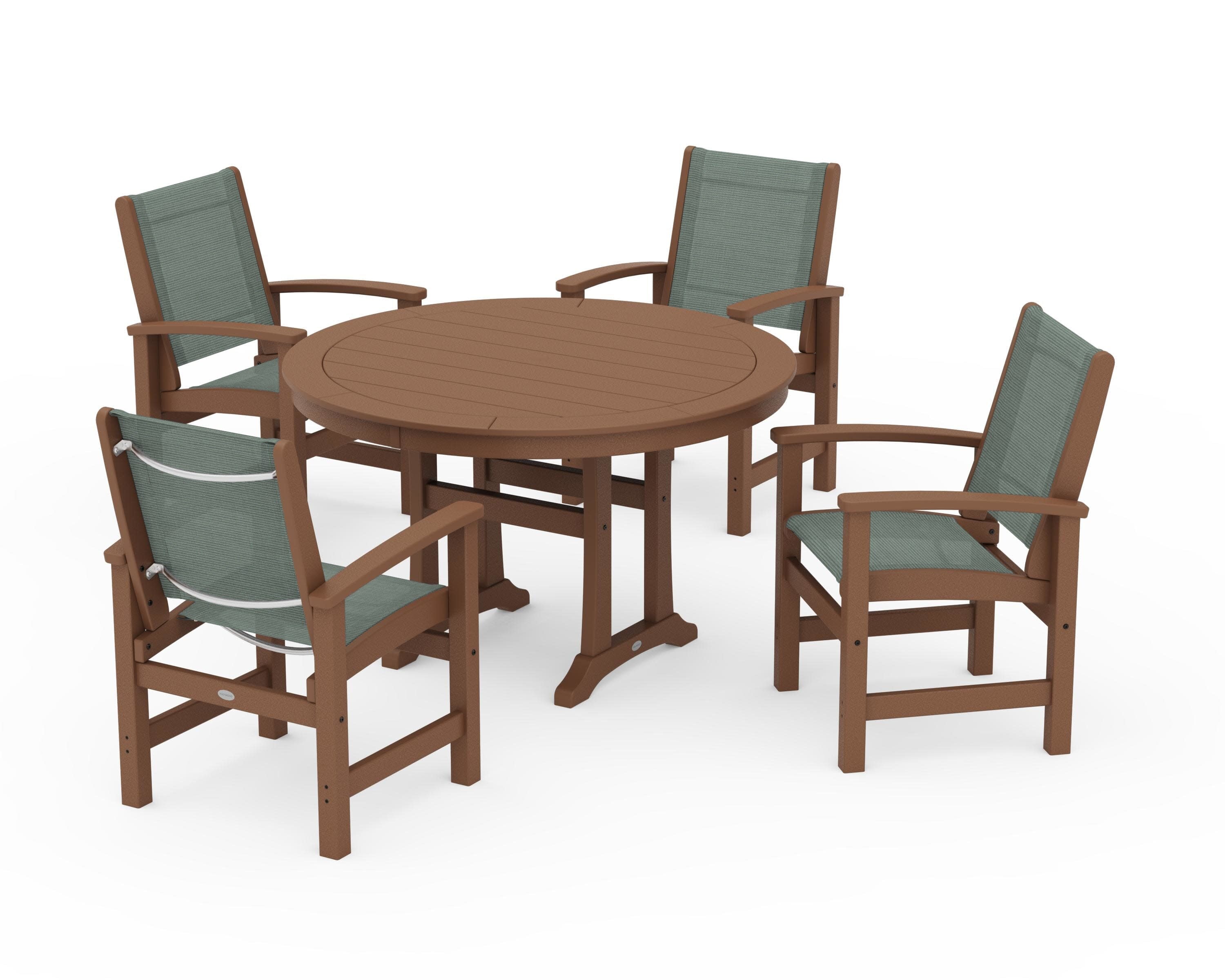 Coastal 5-Piece Round Dining Set with Trestle Legs in Teak / Dupioni Sea Mist Sling