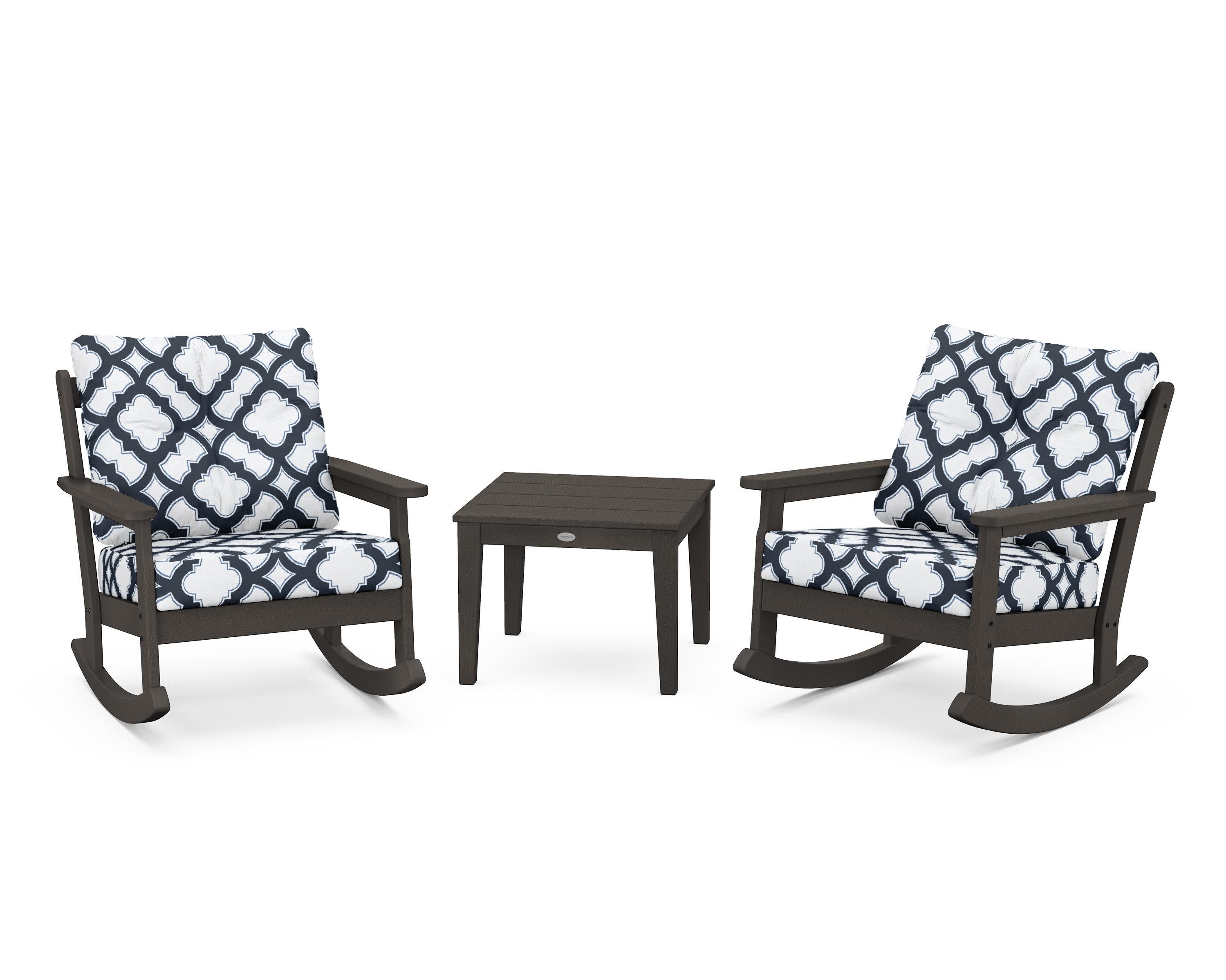 Vineyard 3-Piece Deep Seating Rocker Set in Vintage Coffee / Trellis Marine Indigo