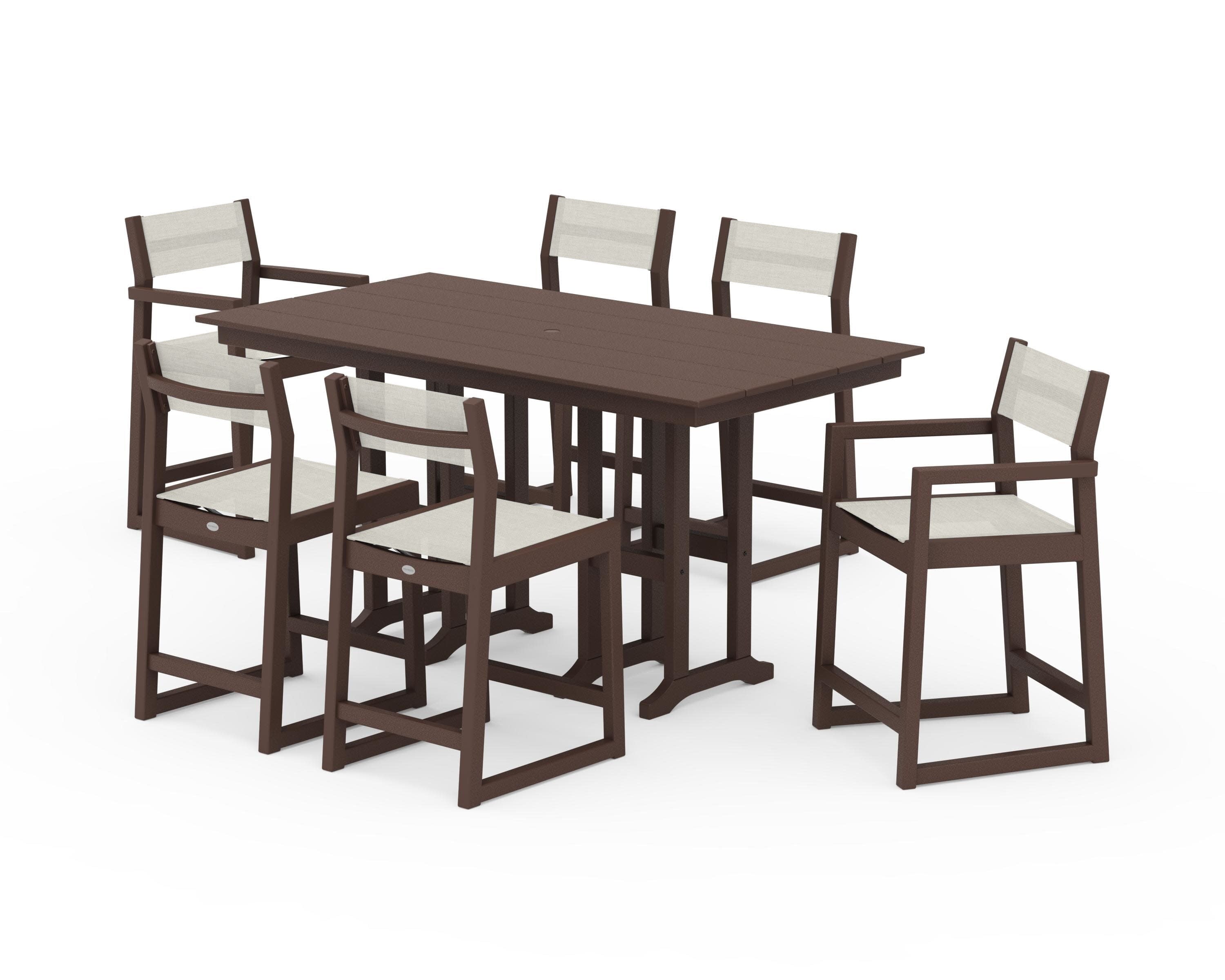 EDGE Sling 7-Piece Farmhouse Counter Set with Trestle Legs in Mahogany / Parchment Sling