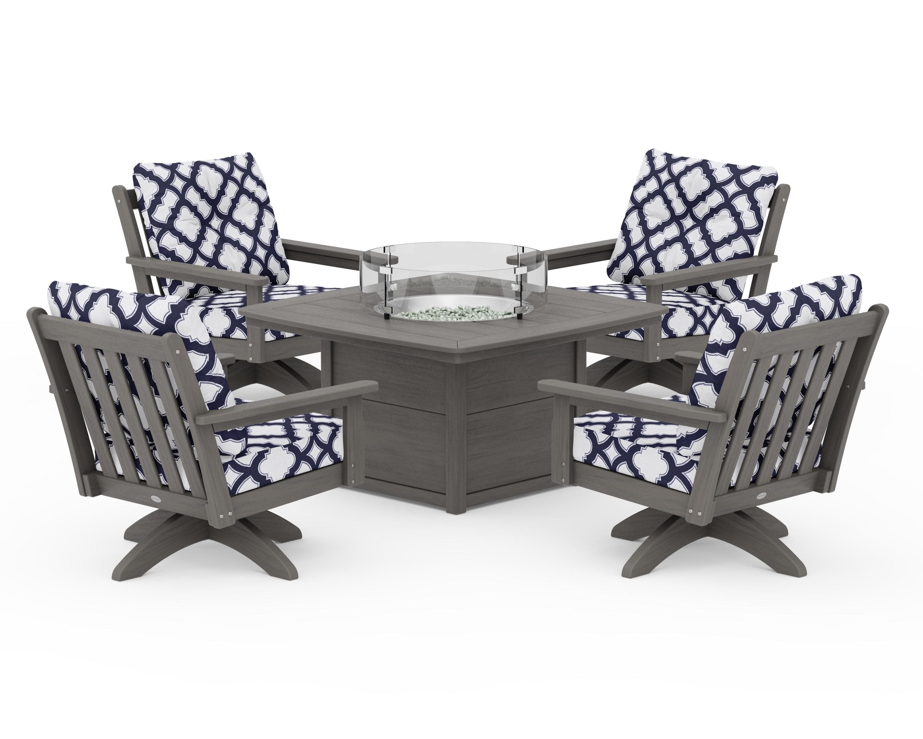 Vineyard 5-Piece Deep Seating Swivel Conversation Set with Fire Pit Table in Driftwood / Trellis Navy
