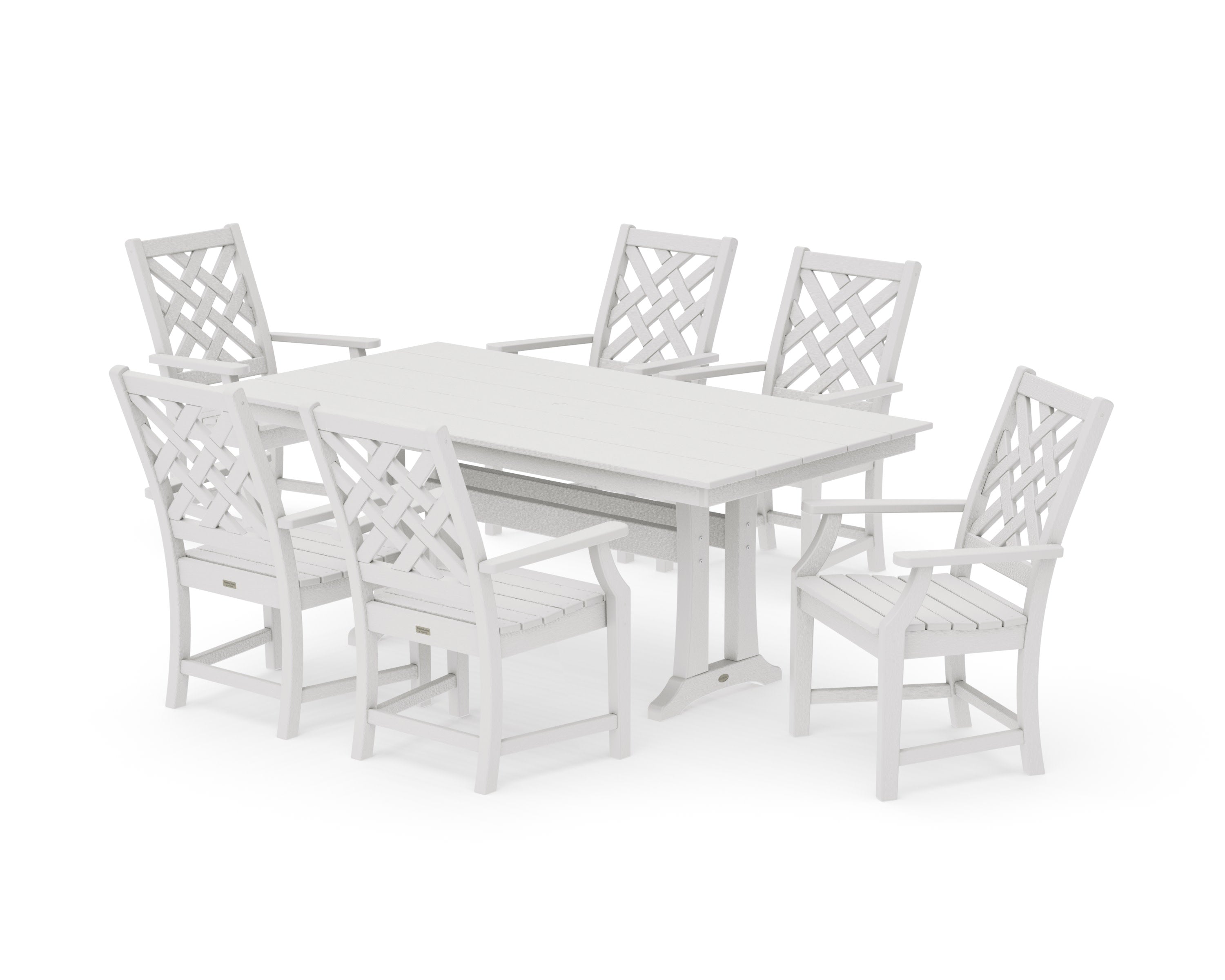 Wovendale Arm Chair 7-Piece Farmhouse Dining Set with Trestle Legs in Vintage White