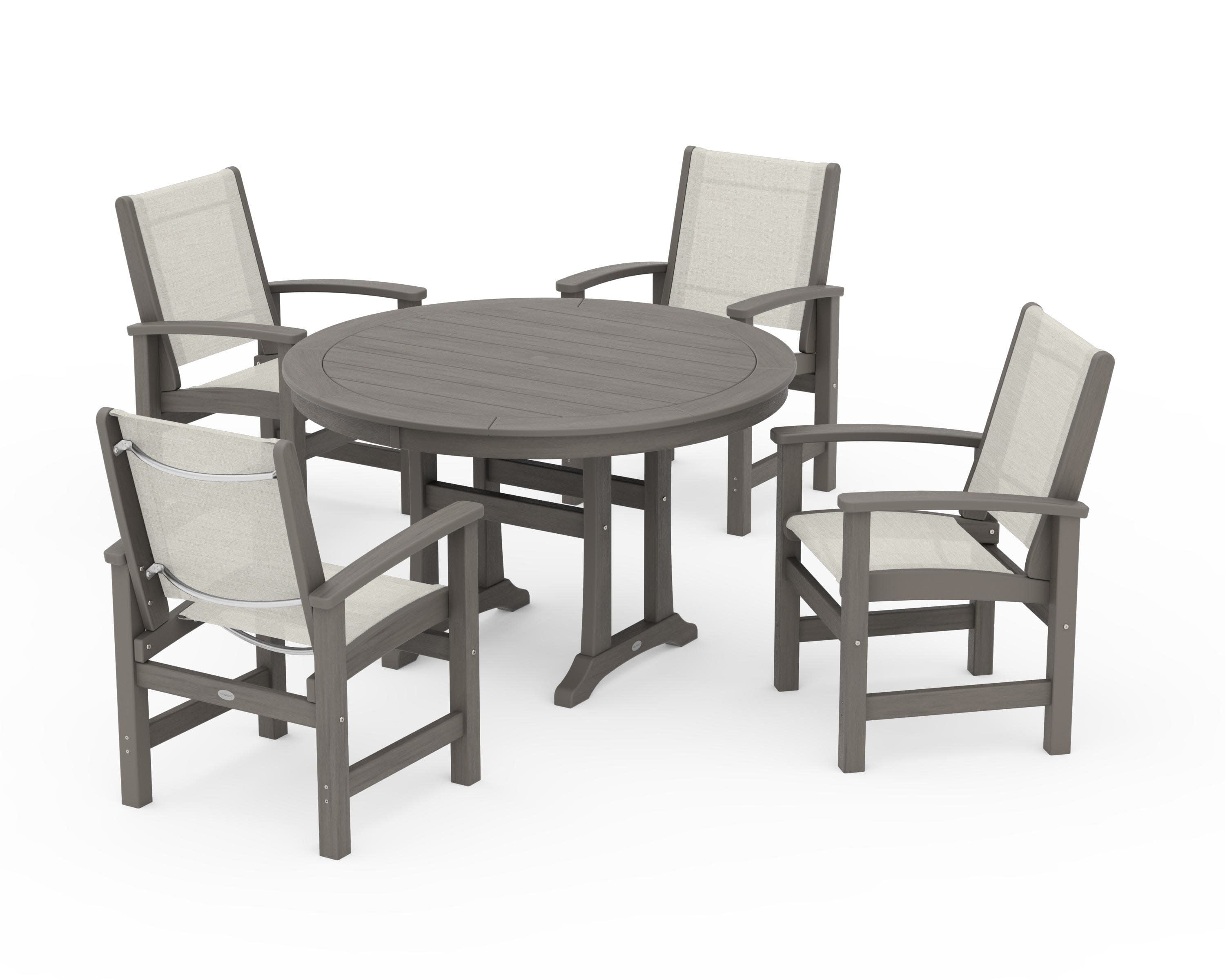 Coastal 5-Piece Round Dining Set with Trestle Legs in Driftwood / Parchment Sling