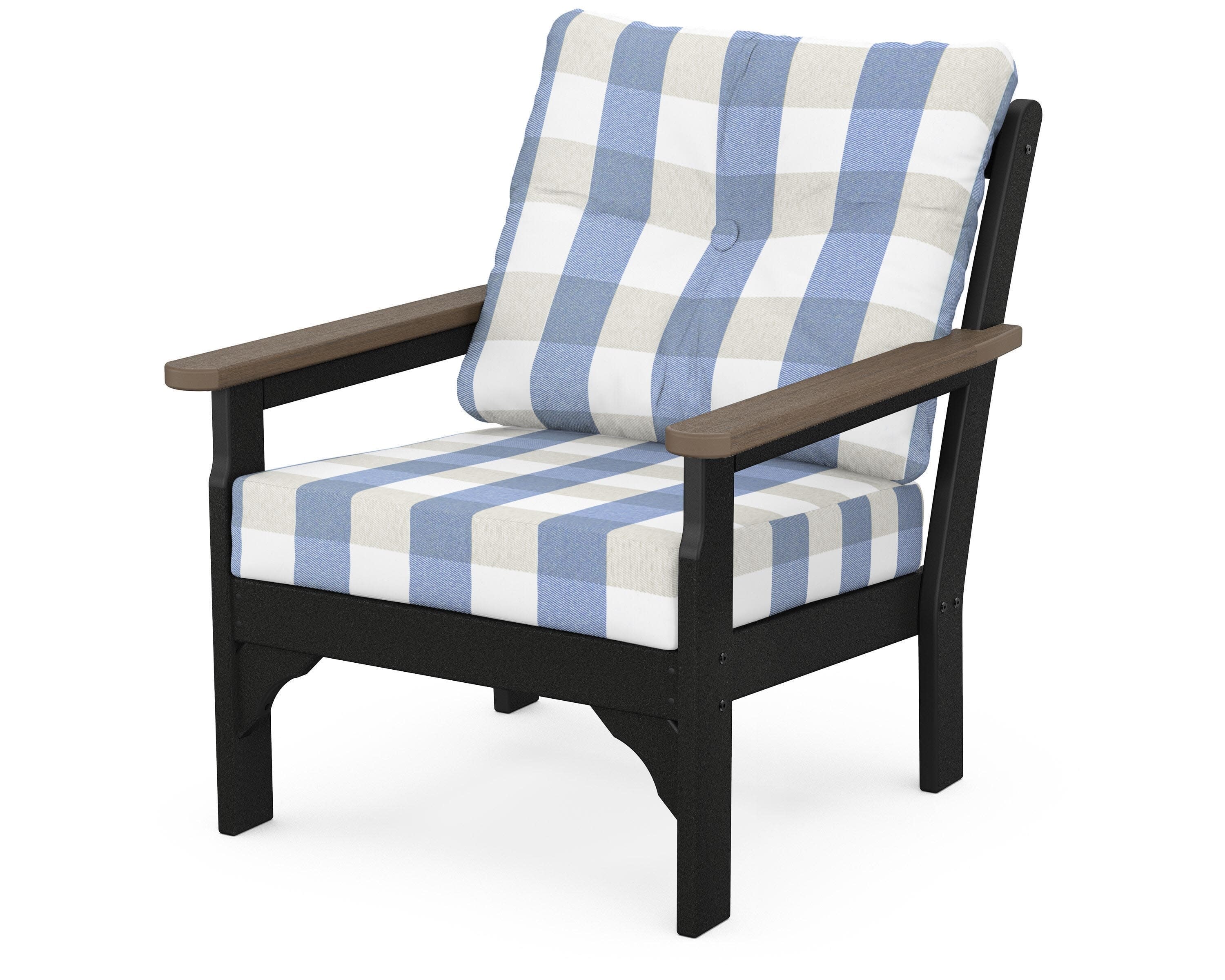 Vineyard Deep Seating Chair in White / Kona / Buffalo Plaid Sky Blue
