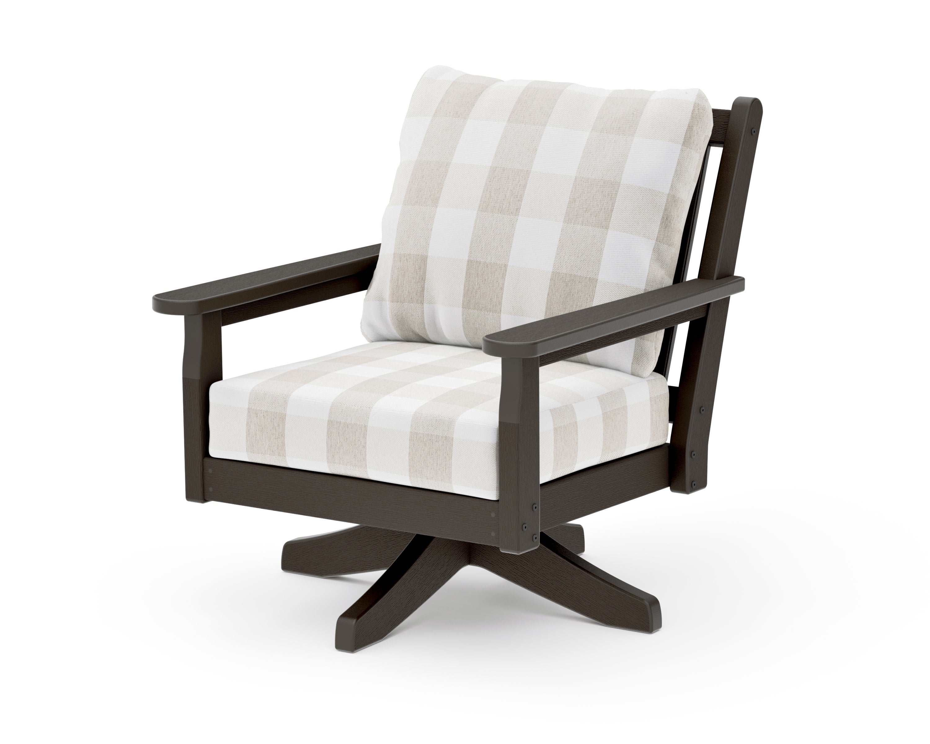 Chippendale Deep Seating Swivel Chair in Vintage Coffee / Buffalo Plaid Dune Burlap