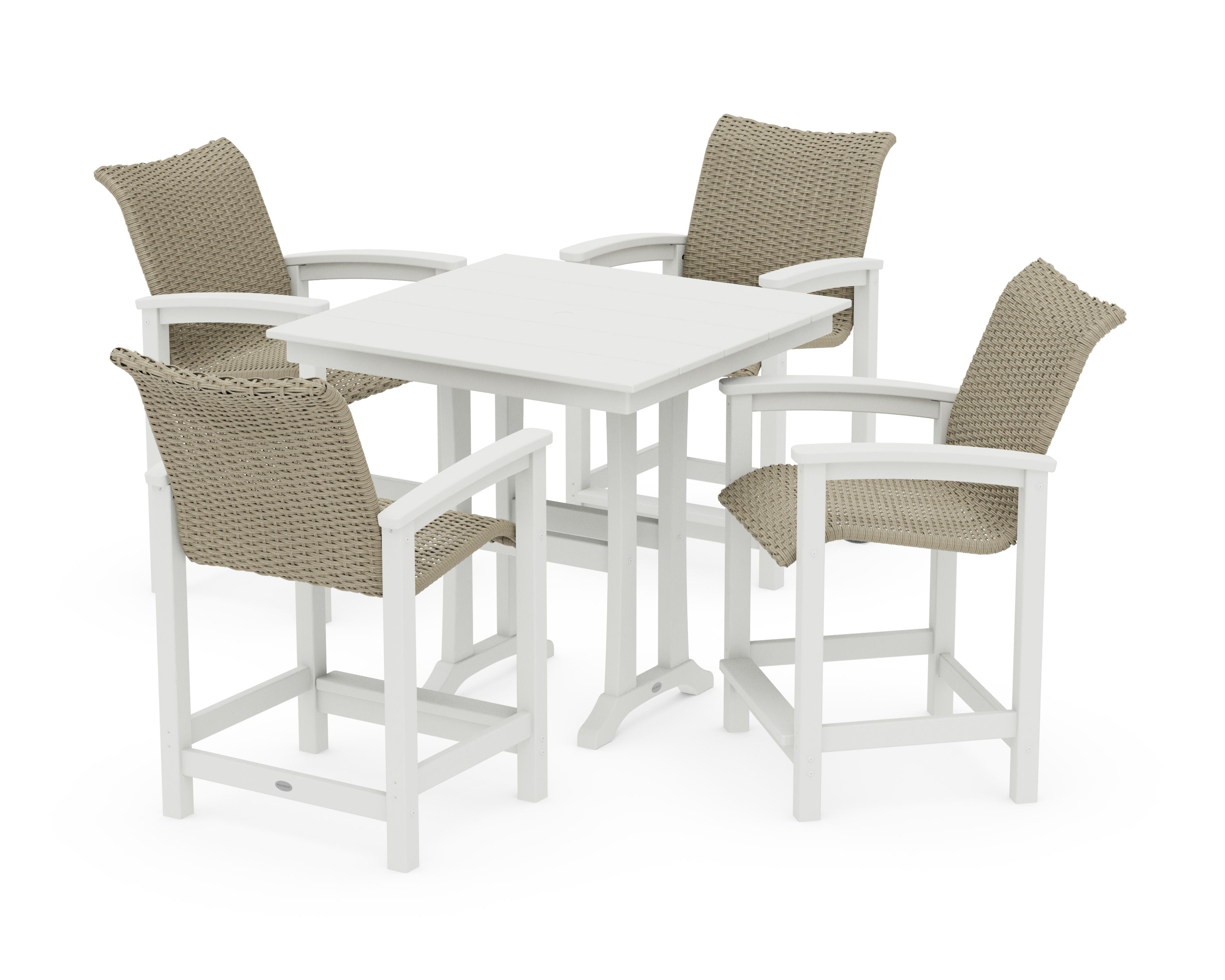 Coastal Woven 5-Piece Farmhouse Counter Set with Trestle Legs in Vintage White / Dune Grass