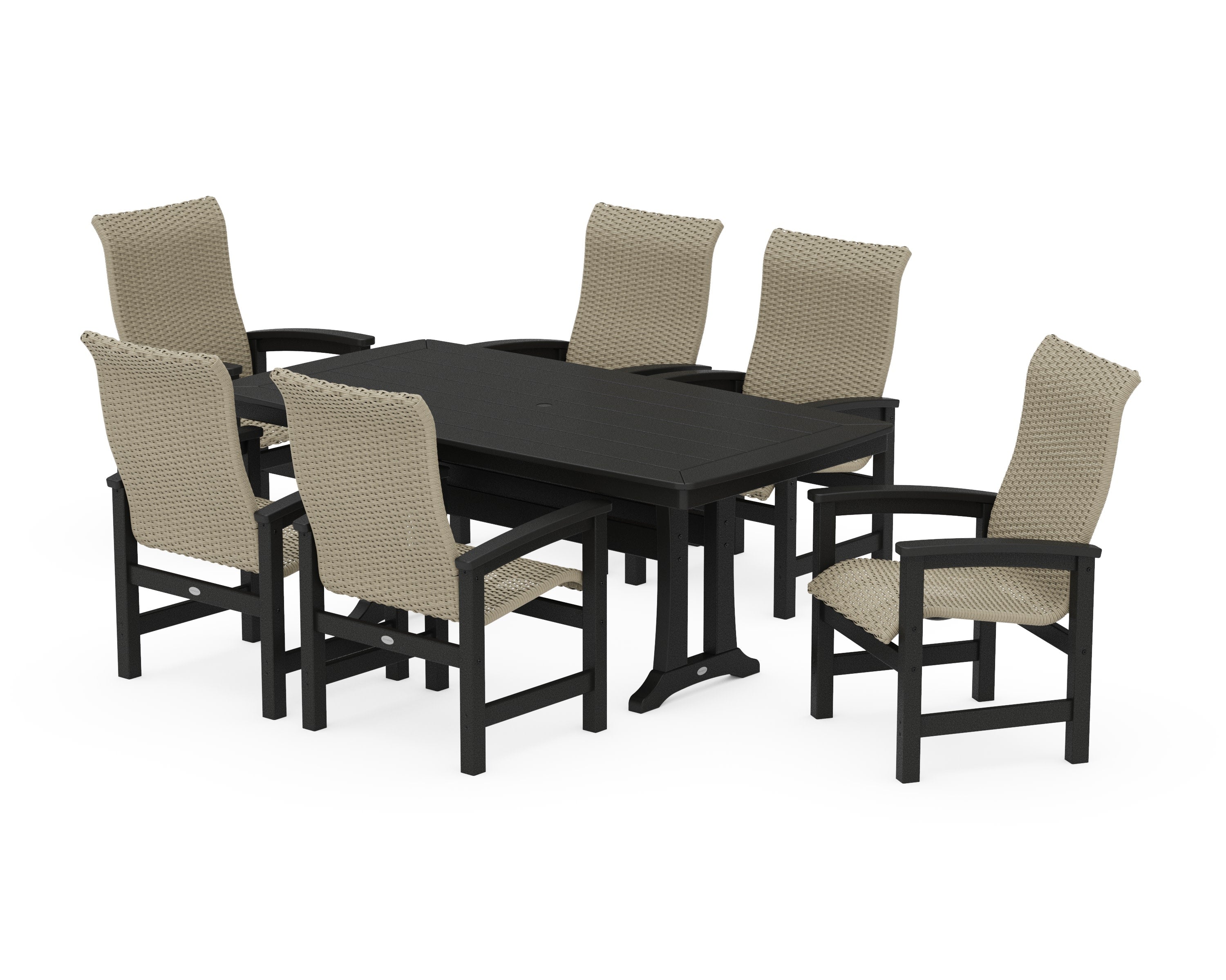 Coastal Woven High-Back Arm Chair 7-Piece Dining Set with Trestle Legs in Black / Dune Grass