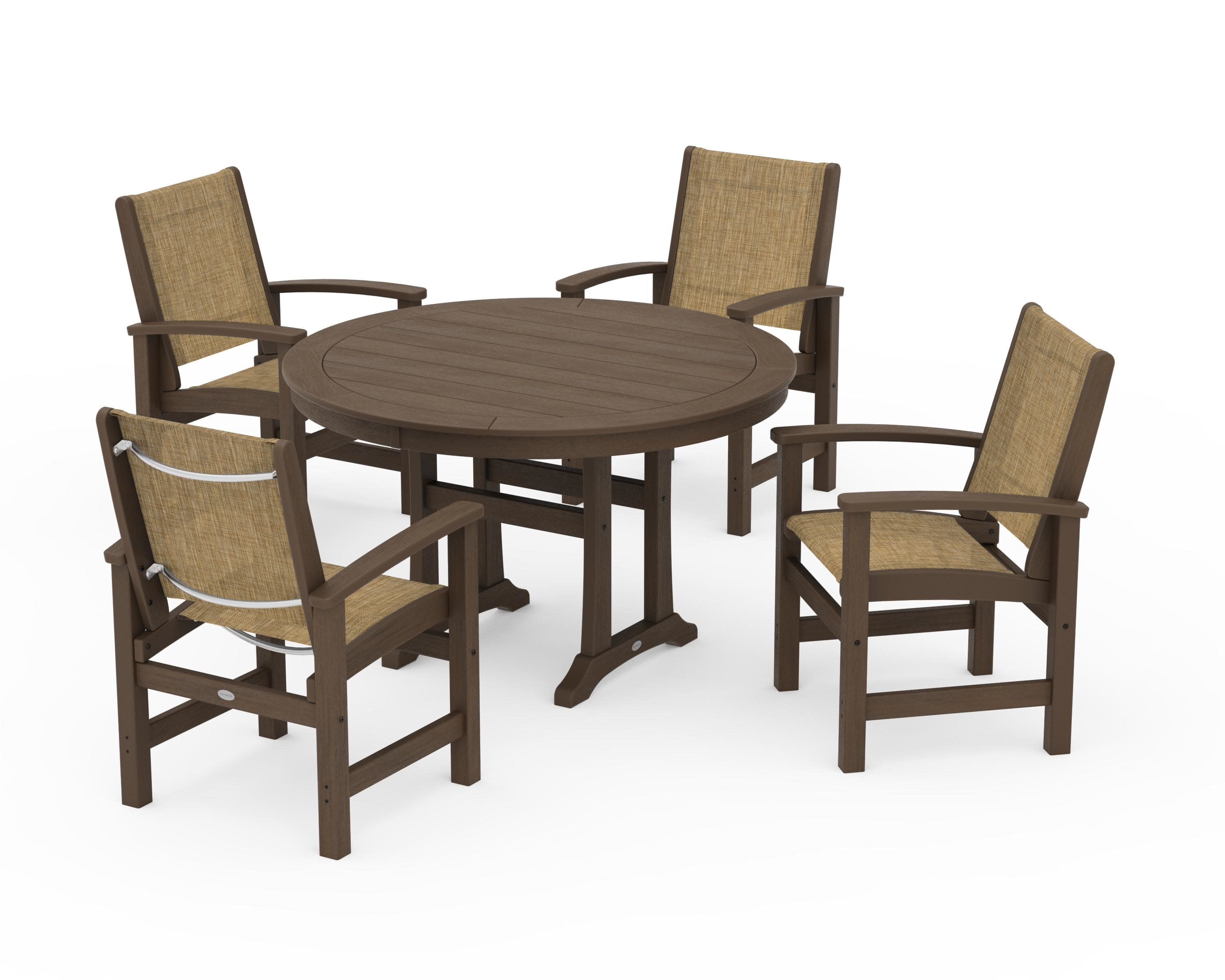 Coastal 5-Piece Round Dining Set with Trestle Legs in Kona / Burlap Sling