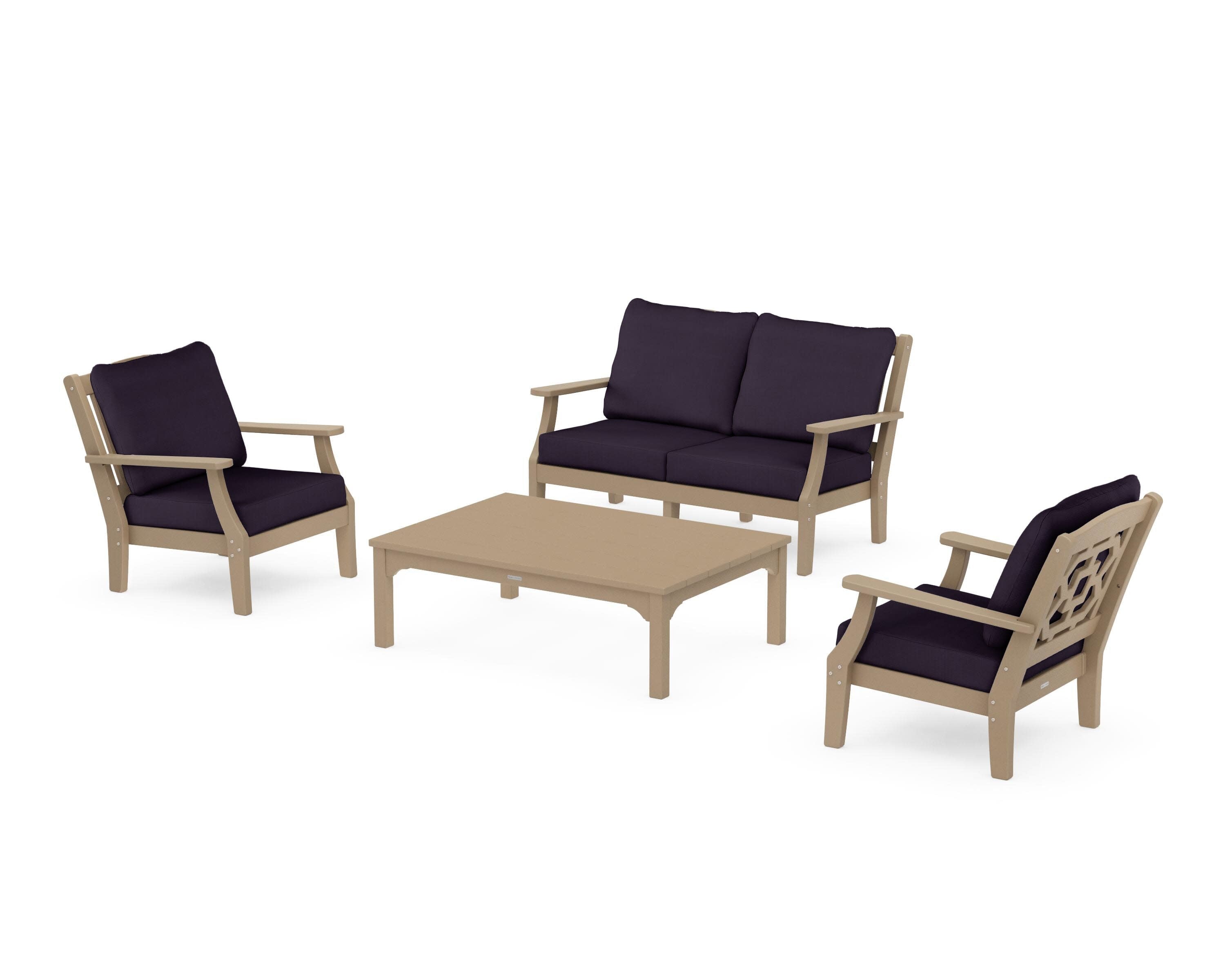 Chinoiserie 4-Piece Deep Seating Set with Loveseat in Vintage Sahara / Navy Linen