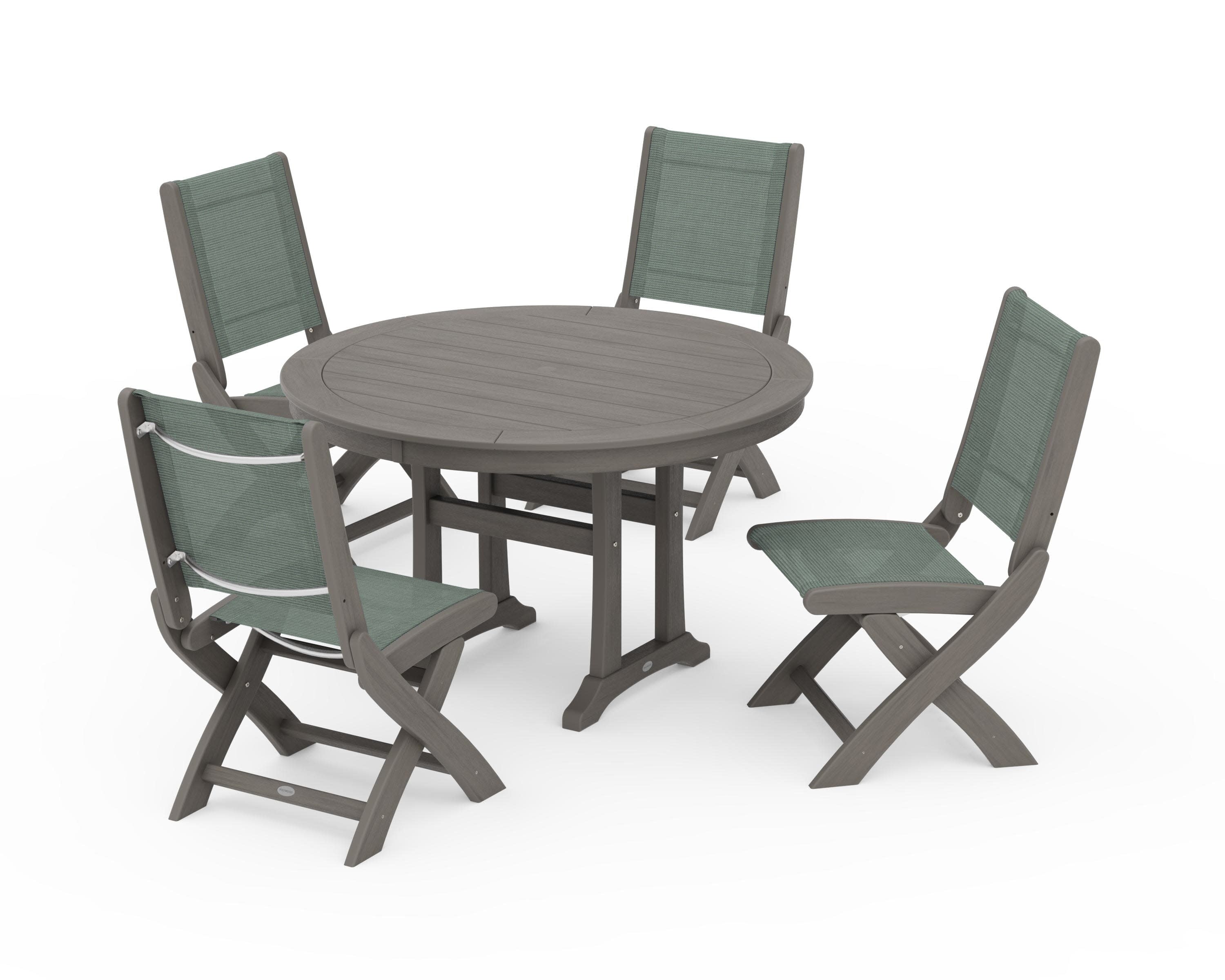 Coastal Folding Side Chair 5-Piece Round Dining Set With Trestle Legs in Driftwood / Dupioni Sea Mist Sling