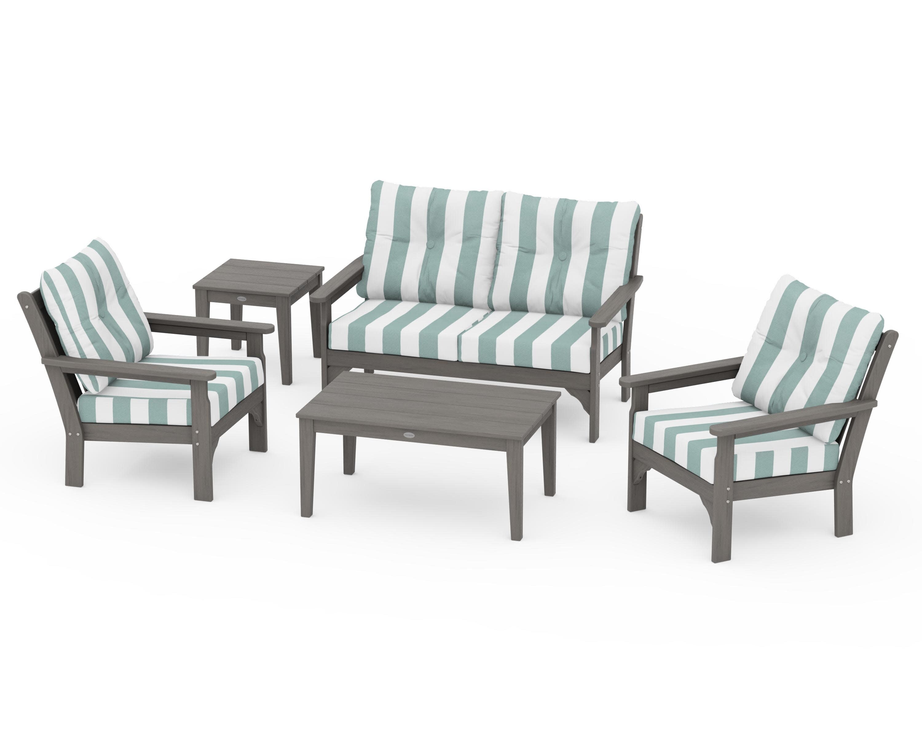 Vineyard 5-Piece Deep Seating Set in Driftwood / Cabana Stripe Glacier Spa