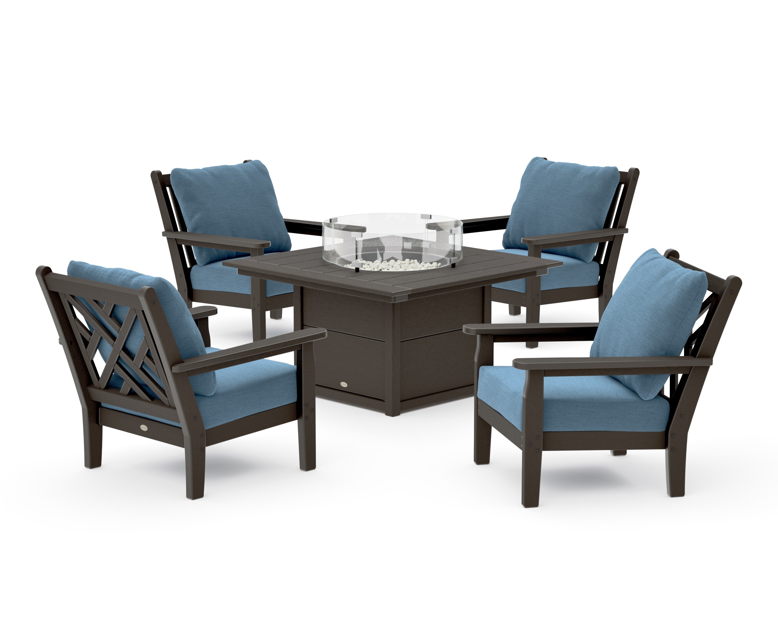Chippendale 5-Piece Deep Seating Set with Fire Pit Table in Vintage Coffee / Sky Blue