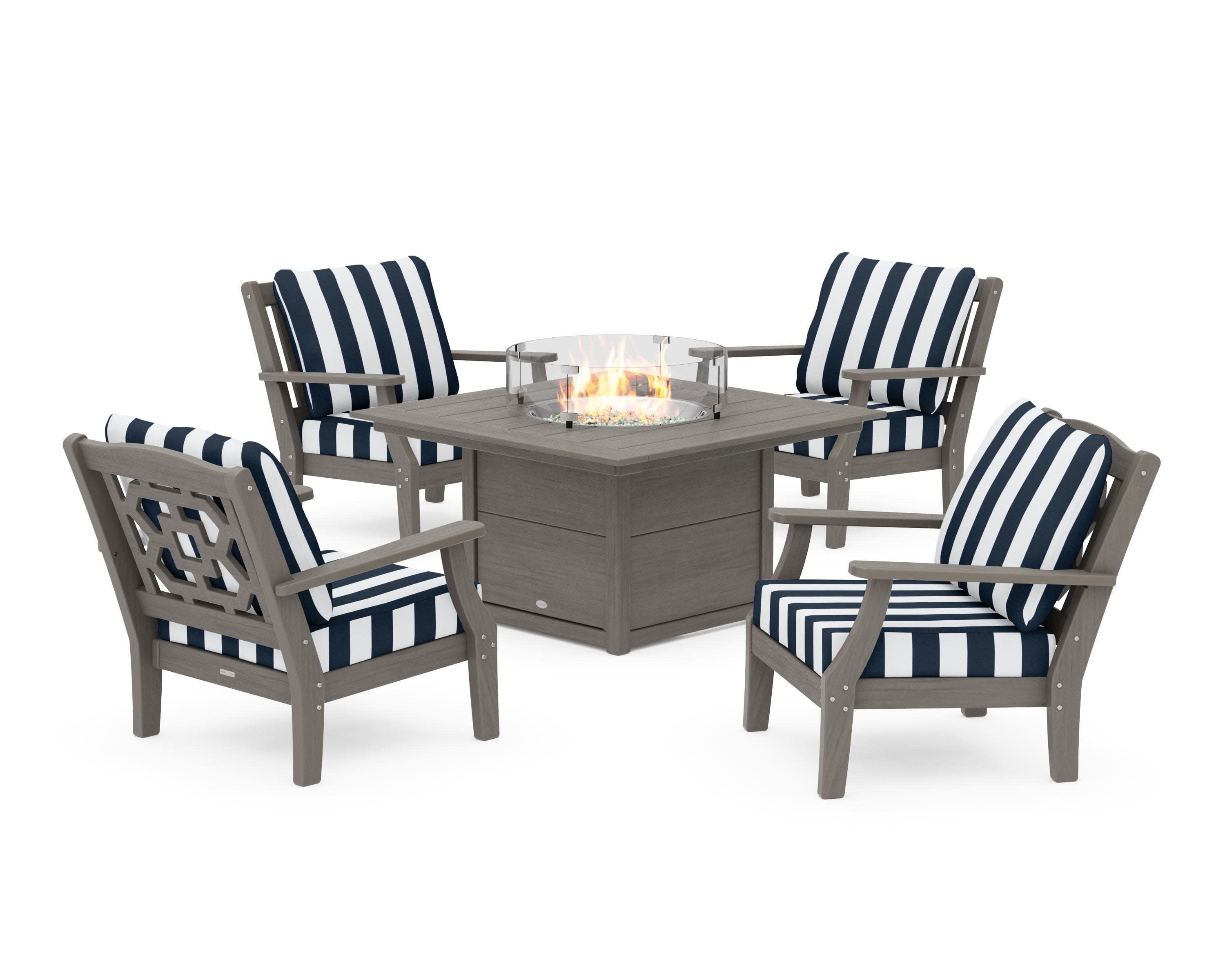 Chinoiserie 5-Piece Deep Seating Set with Fire Pit Table in Driftwood / Cabana Stripe Marine Indigo