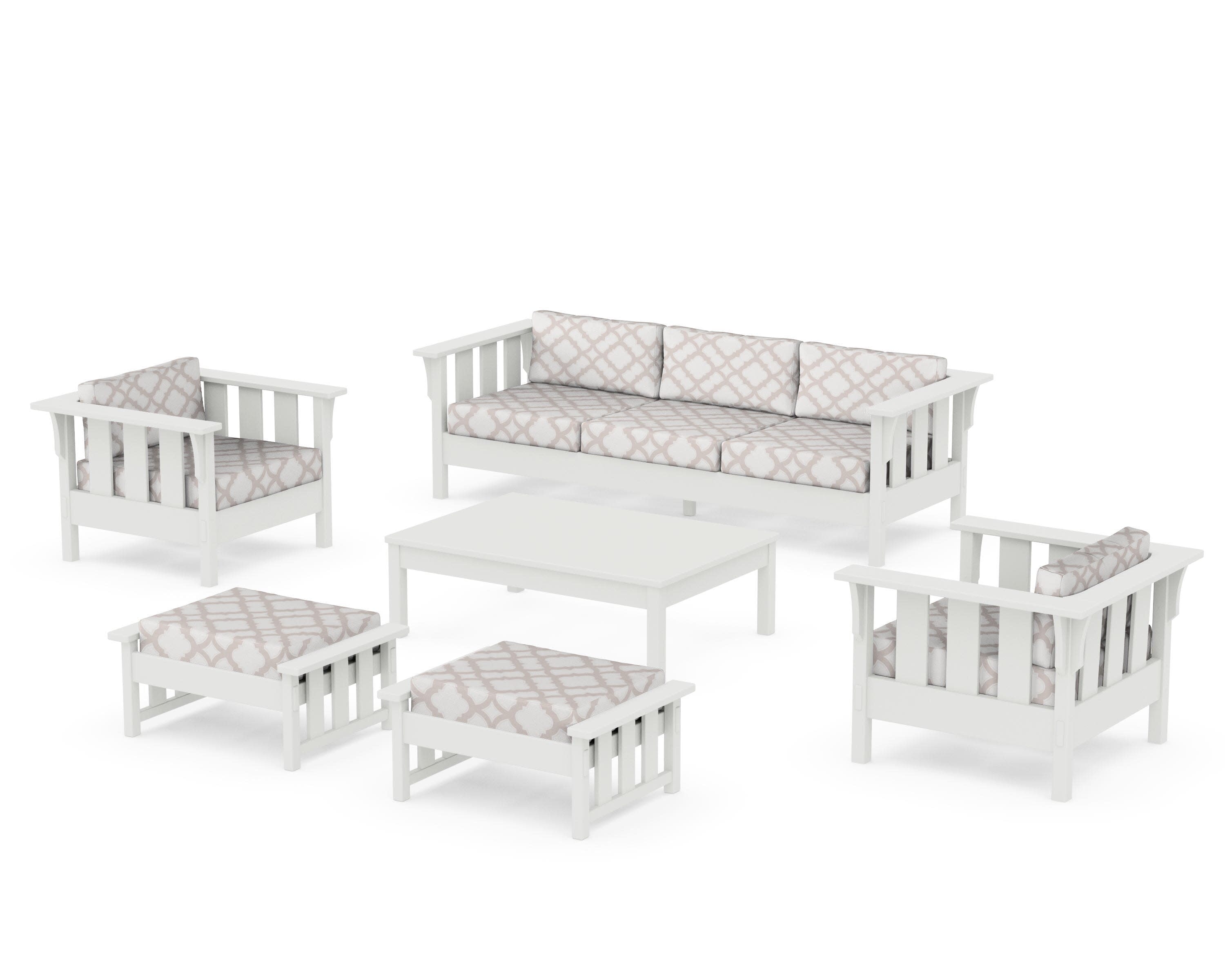 Acadia 6-Piece Lounge Sofa Set in Vintage White / Trellis Dune Burlap