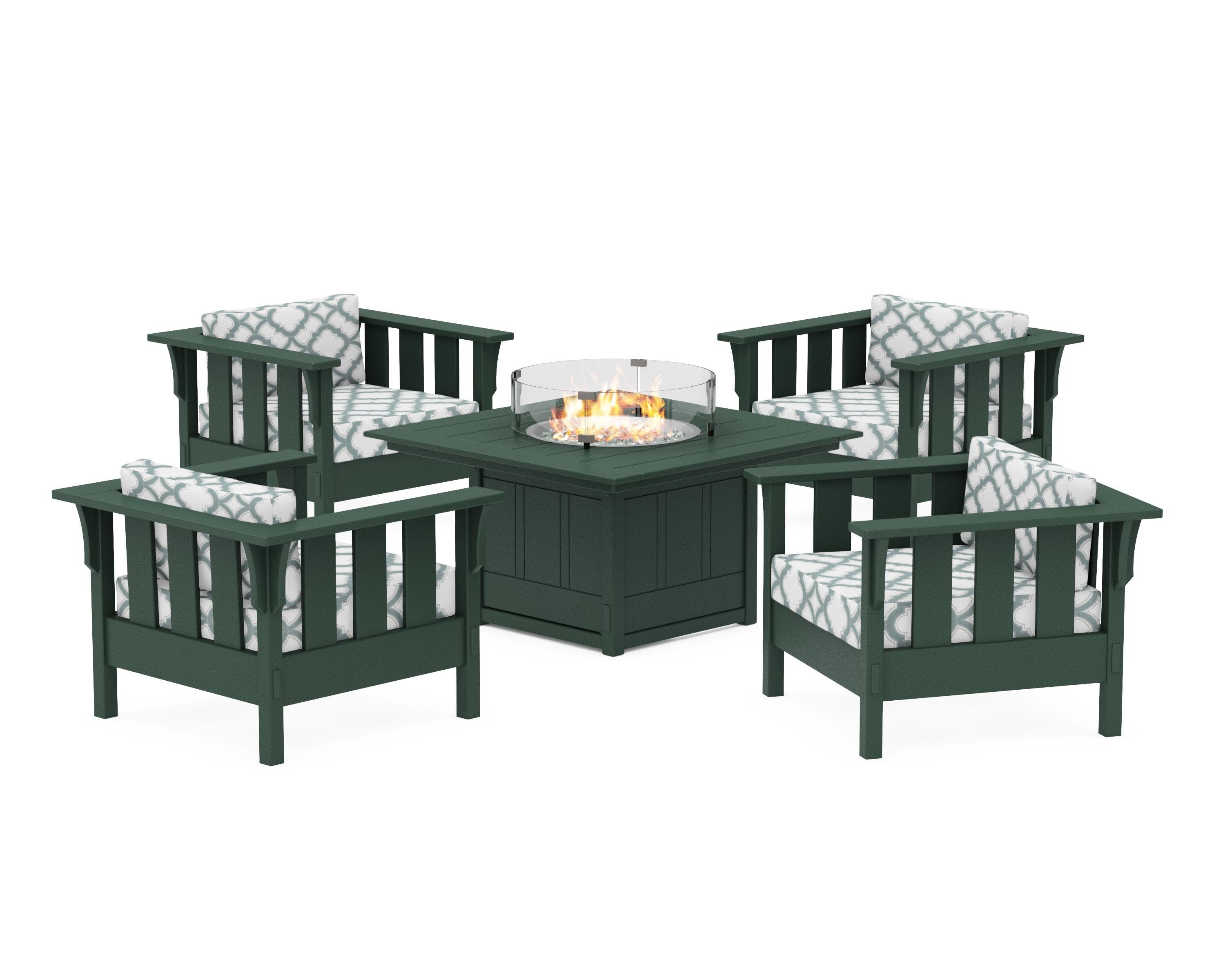 Acadia 5-Piece Deep Seating Set with Fire Pit Table in Green / Trellis Glacier Spa