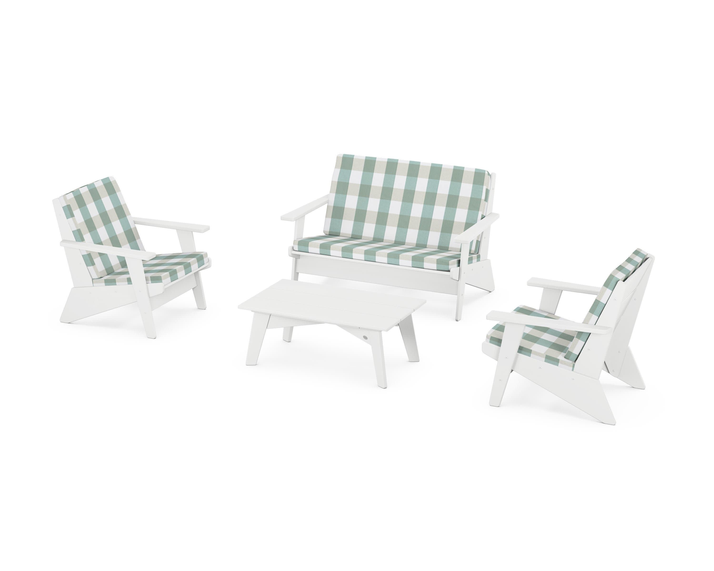 Riviera Modern Lounge 4-Piece Set in White / Buffalo Plaid Glacier Spa