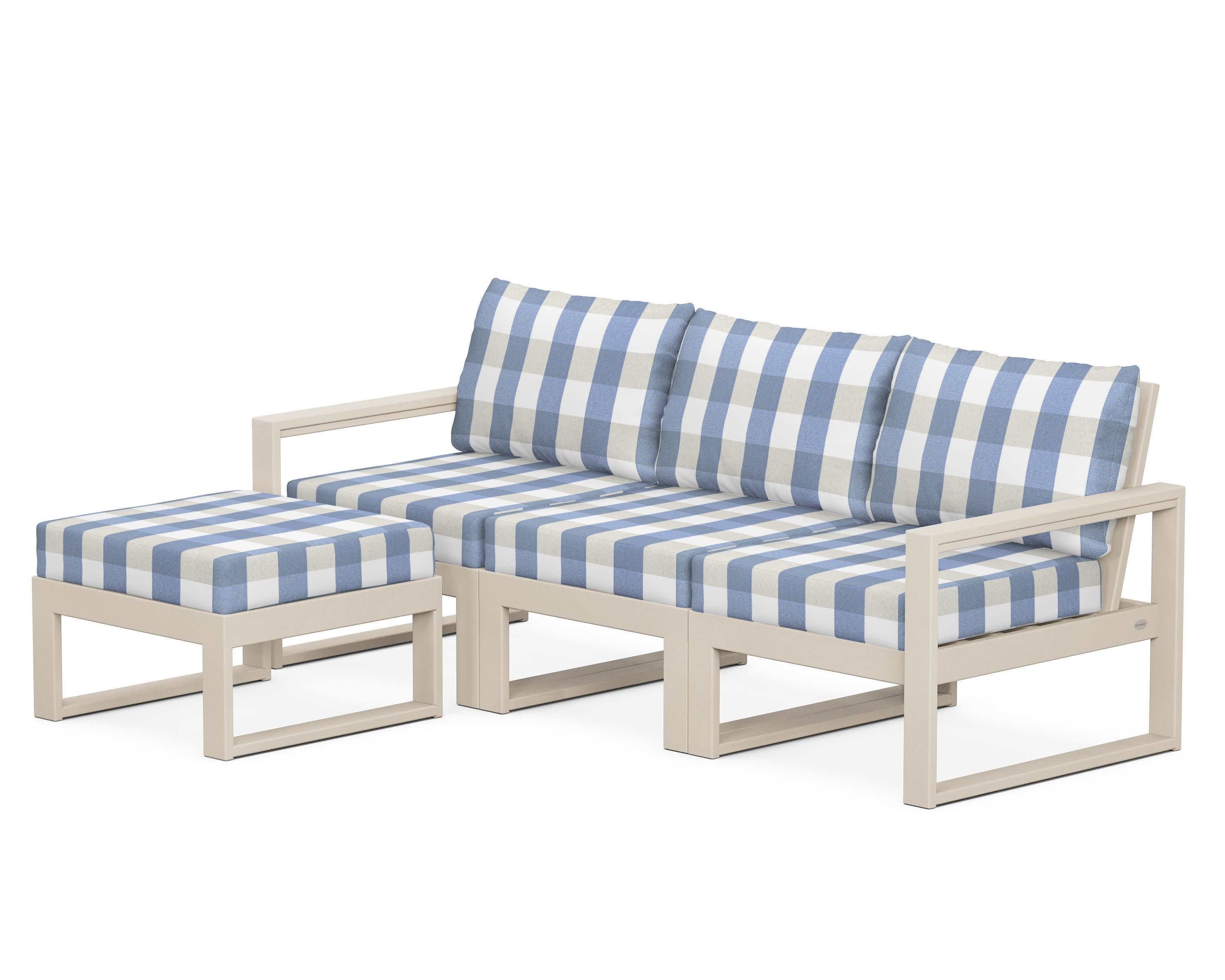 EDGE 4-Piece Modular Deep Seating Set with Ottoman in Sand / Buffalo Plaid Sky Blue