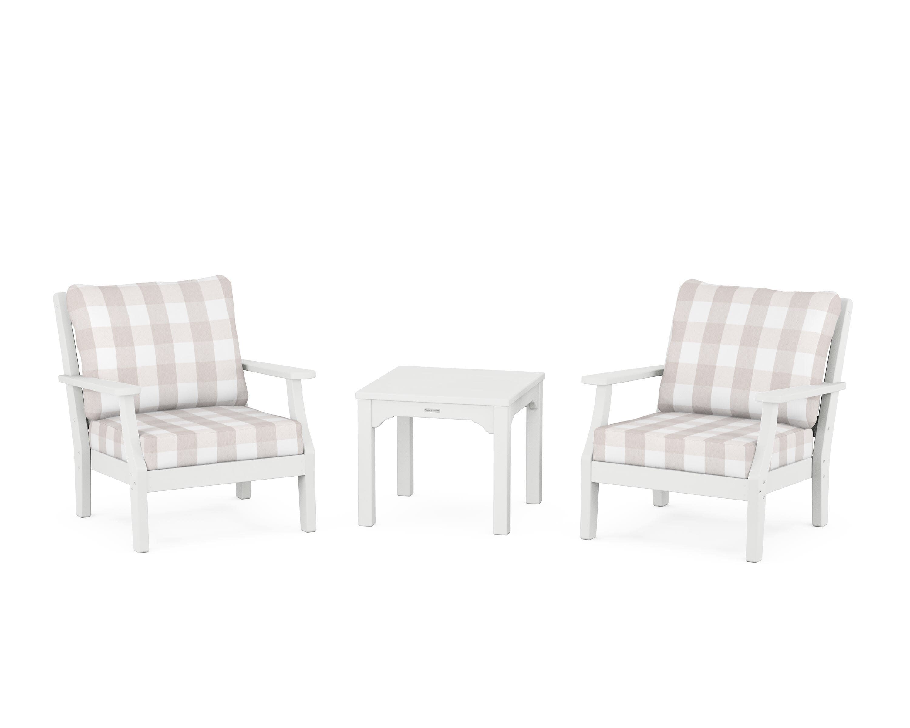 Chinoiserie 3-Piece Deep Seating Set in White / Buffalo Plaid Dune Burlap