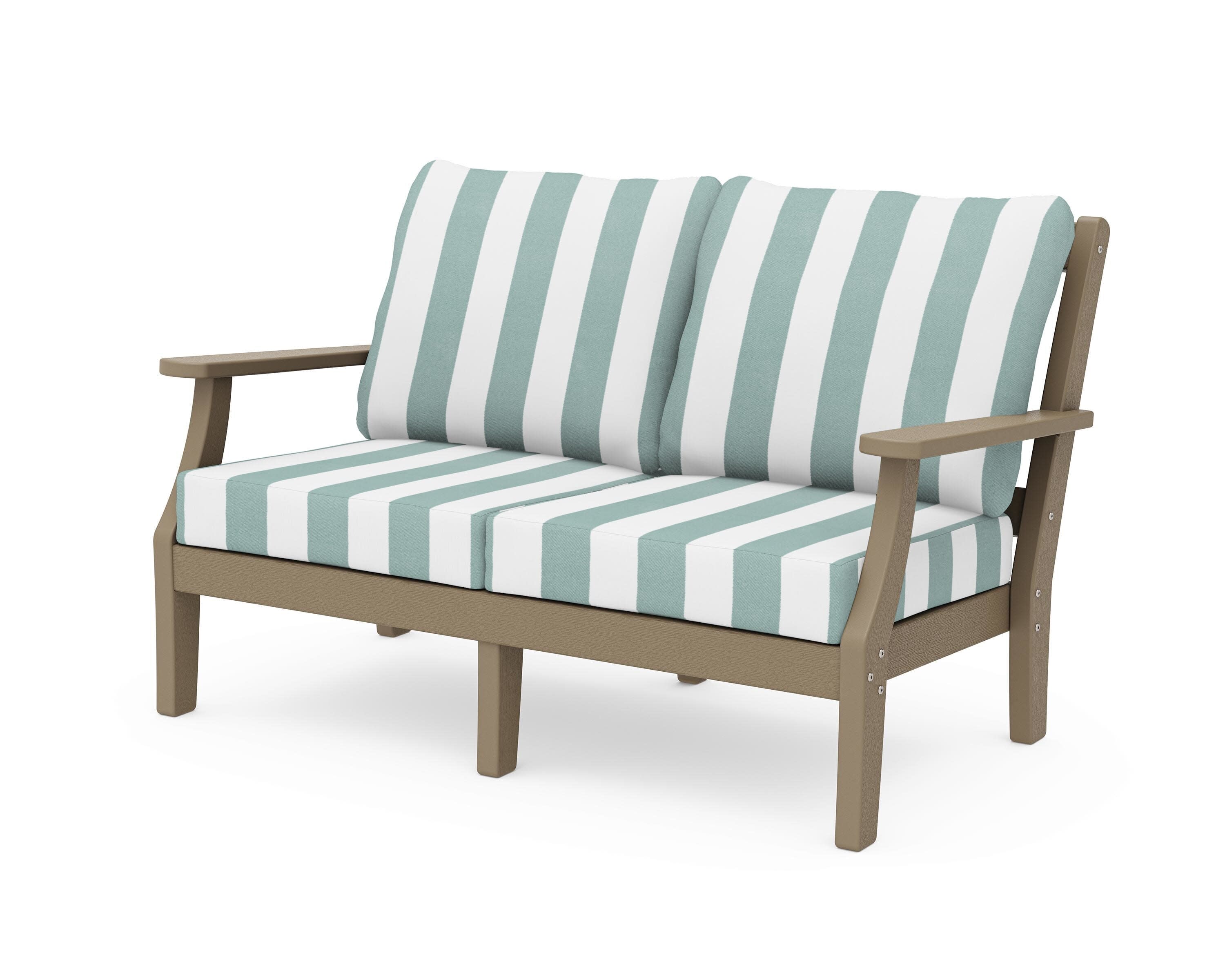 Chinoiserie Deep Seating Loveseat in Vintage Sahara / Cabana Stripe Glacier Spa