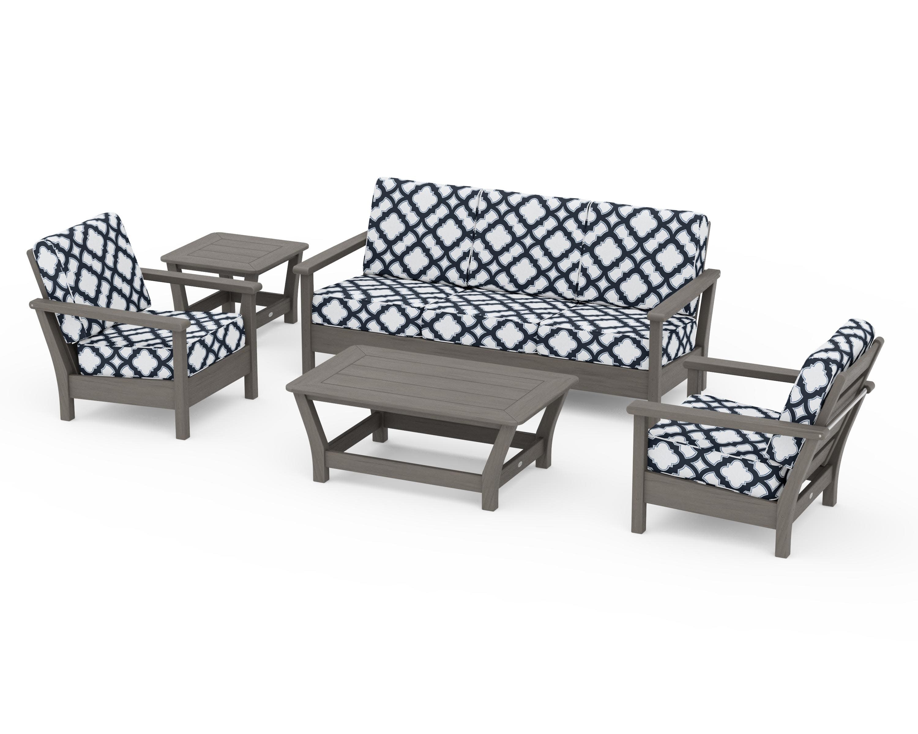 Harbour 5-Piece Deep Seating Set in Driftwood / Trellis Marine Indigo