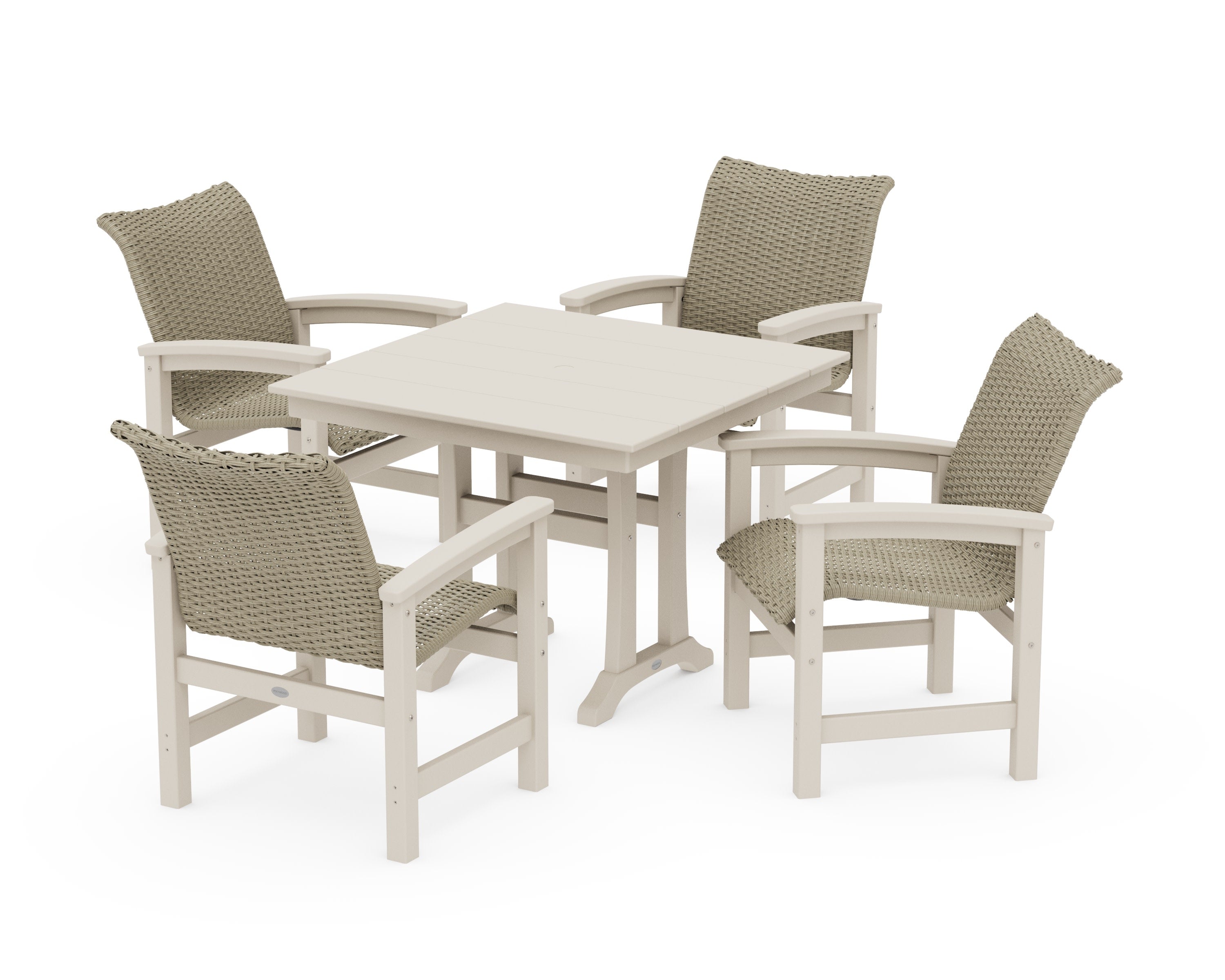 Coastal Woven 5-Piece Farmhouse Dining Set with Trestle Legs in Sand / Dune Grass
