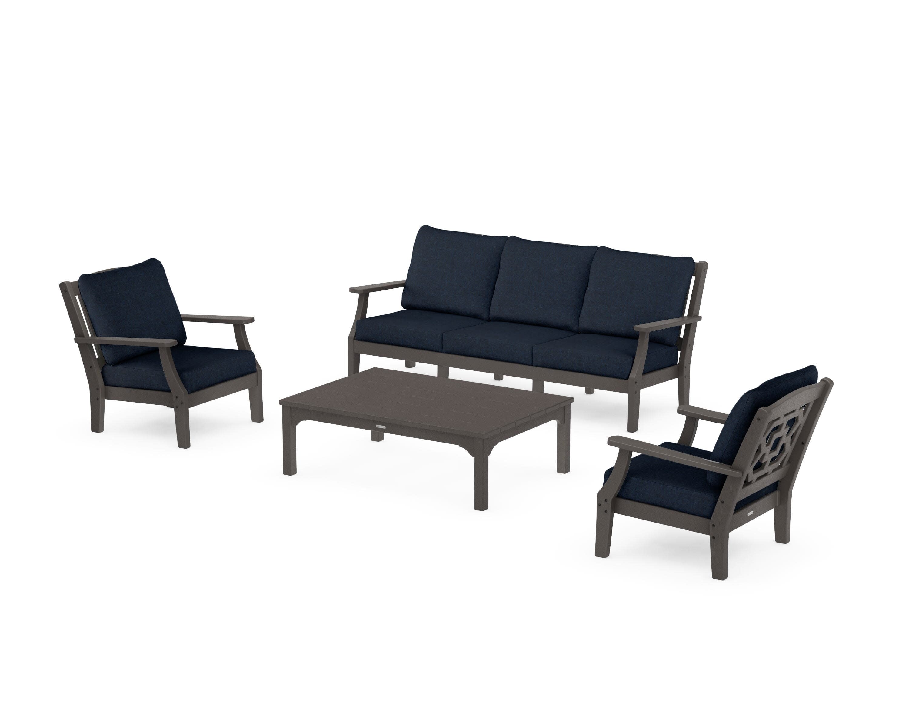 Chinoiserie 4-Piece Deep Seating Set with Sofa in Vintage Coffee / Marine Indigo
