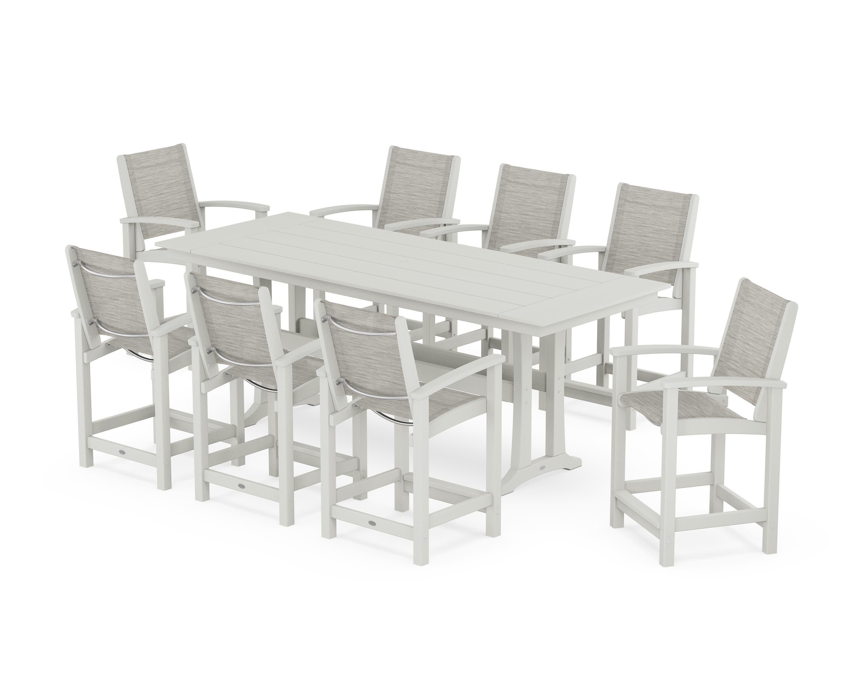 Coastal 9-Piece Farmhouse Counter Set with Trestle Legs in Vintage White / Birch Sling