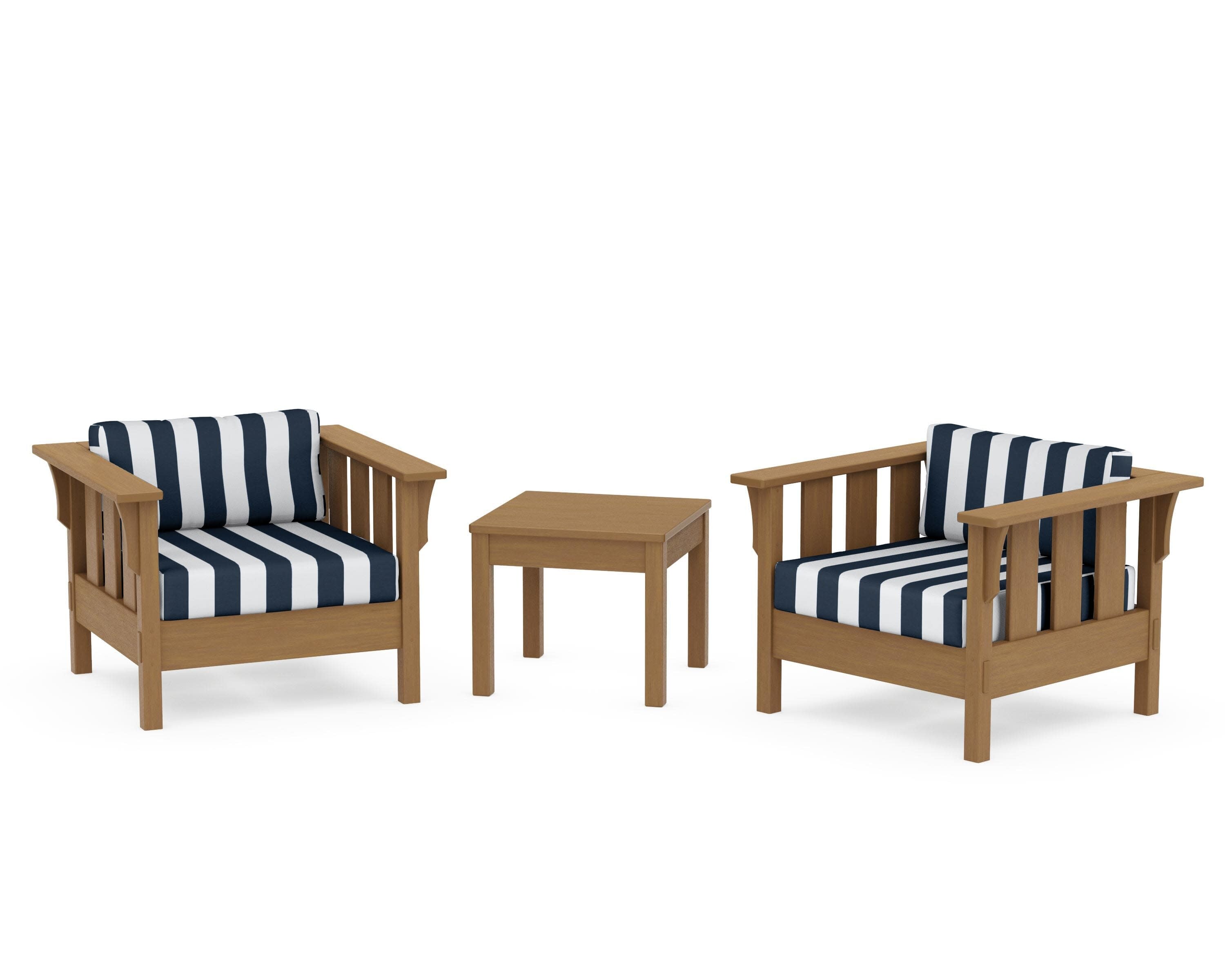 Acadia 3-Piece Deep Seating Set in Natural / Cabana Stripe Marine Indigo