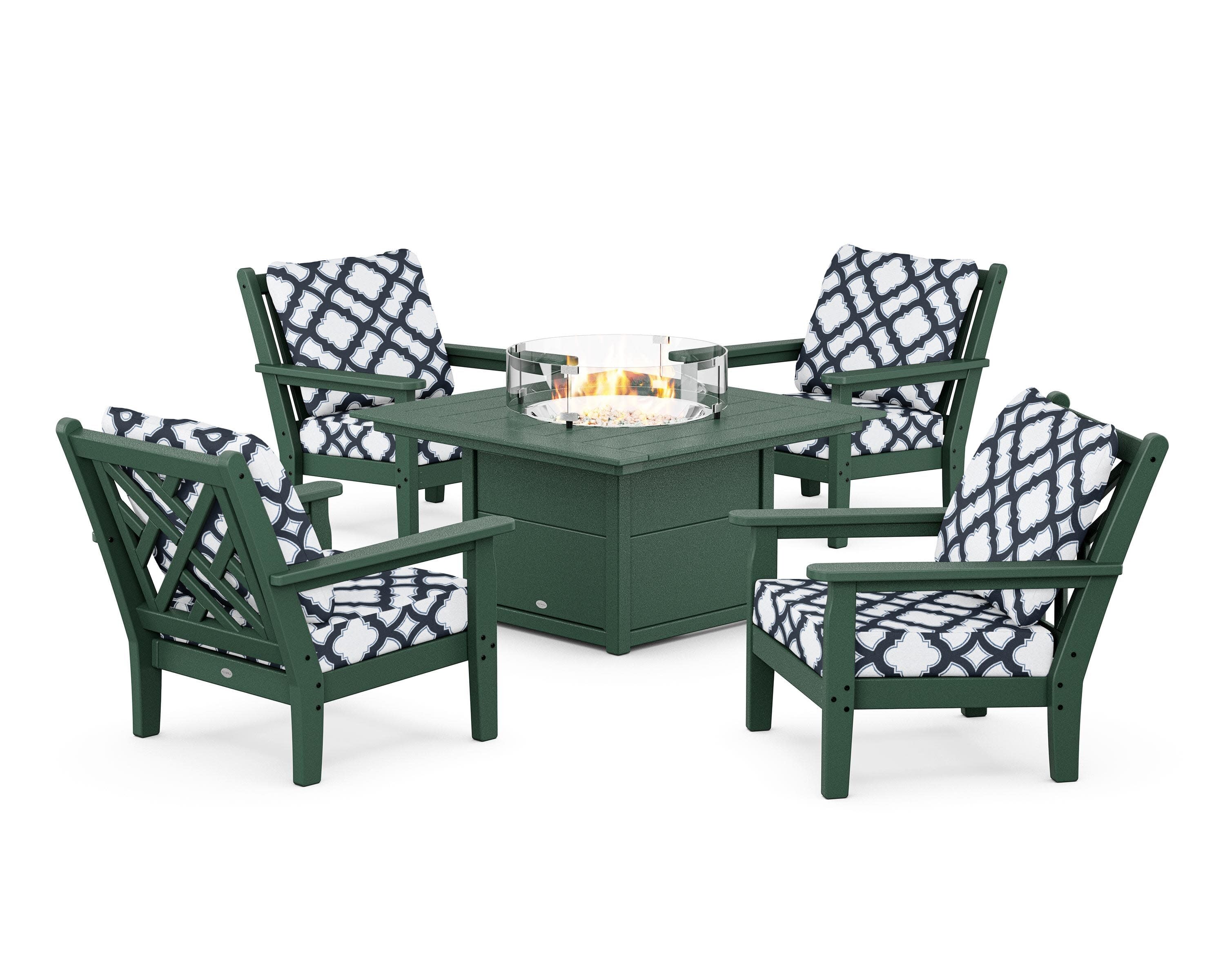 Chippendale 5-Piece Deep Seating Set with Fire Pit Table in Green / Trellis Marine Indigo