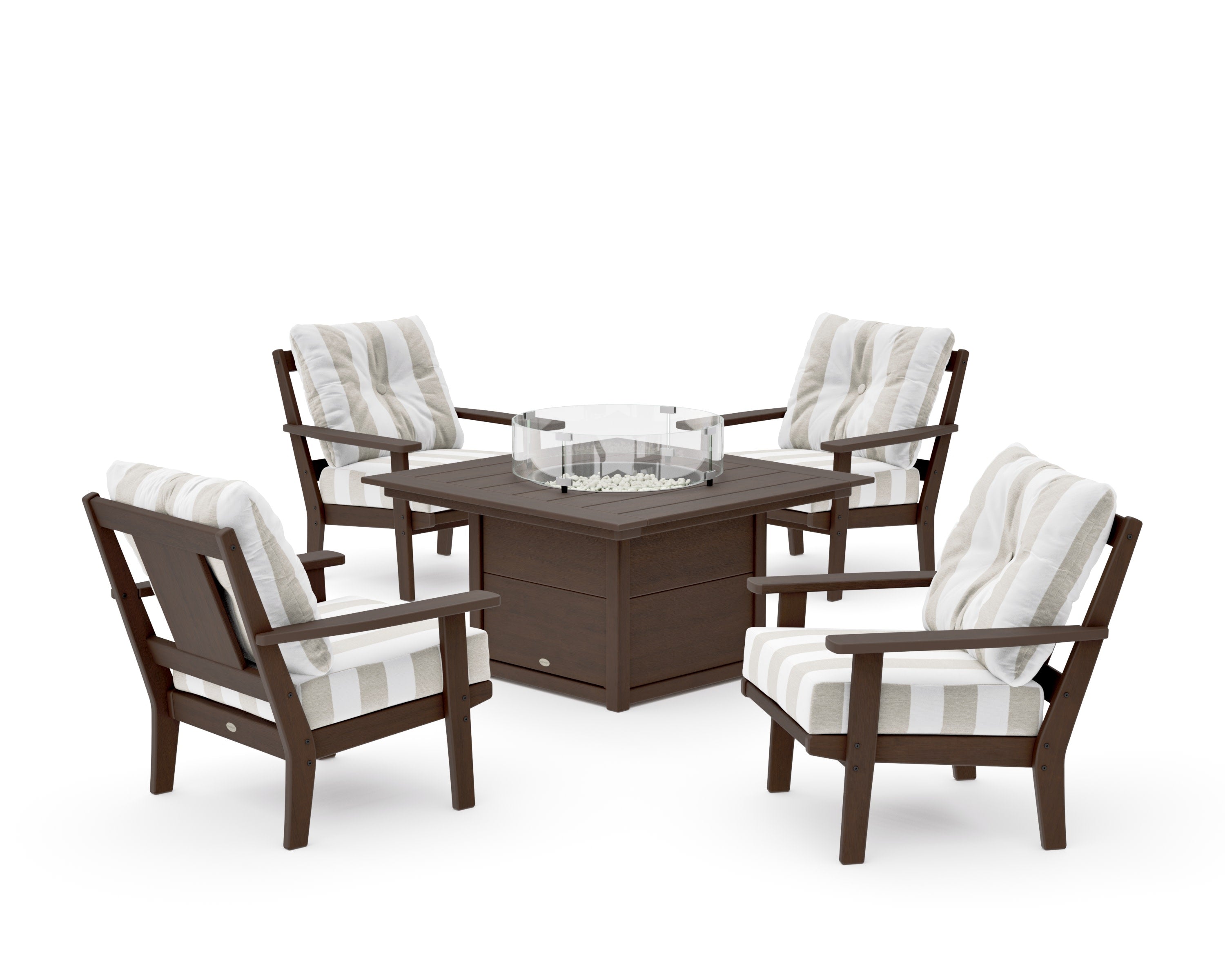 Prairie 5-Piece Deep Seating Set with Fire Pit Table in Kona / Cabana Stripe Dune Burlap