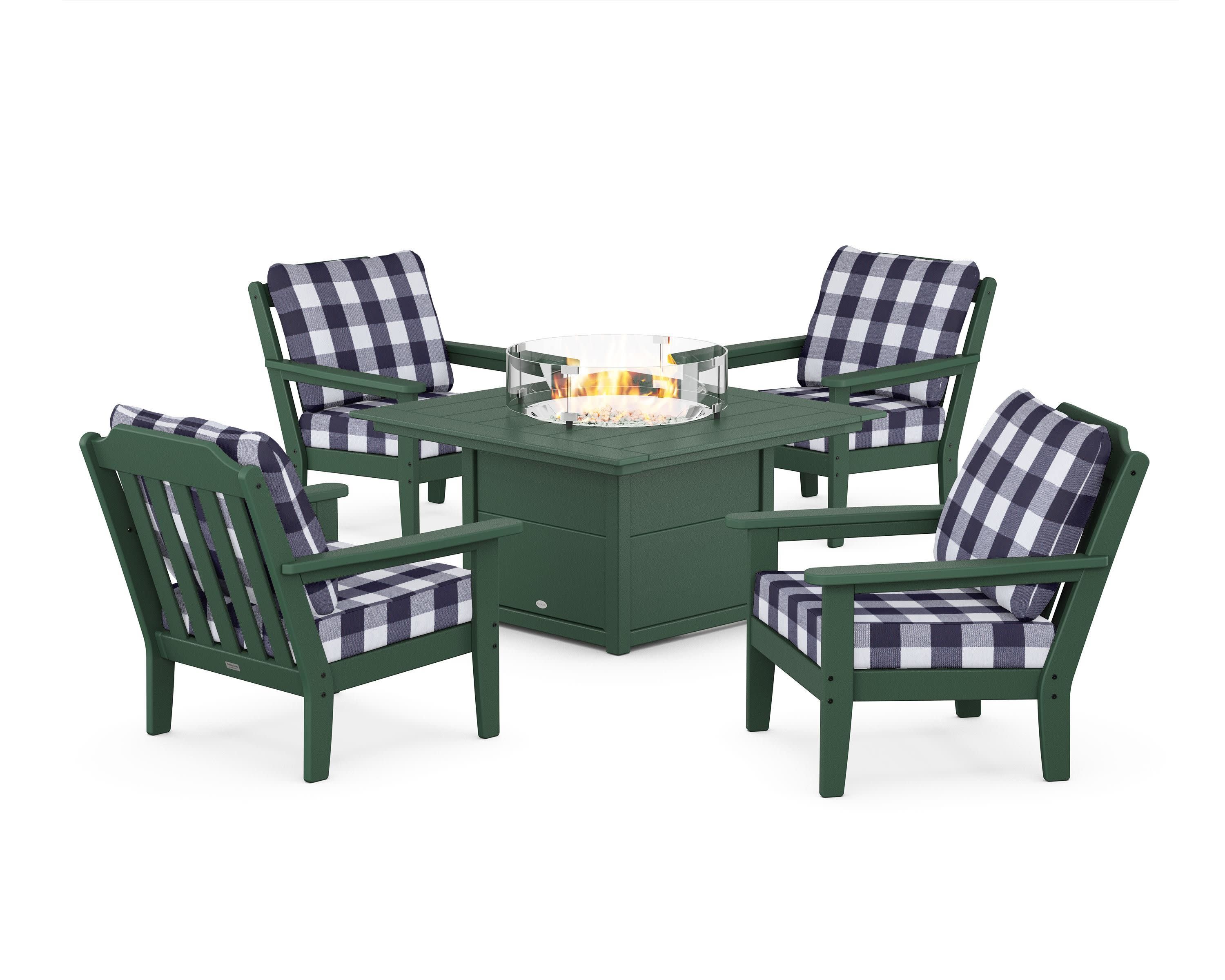 Cottage 5-Piece Deep Seating Set with Fire Pit Table in Green / Buffalo Plaid Navy
