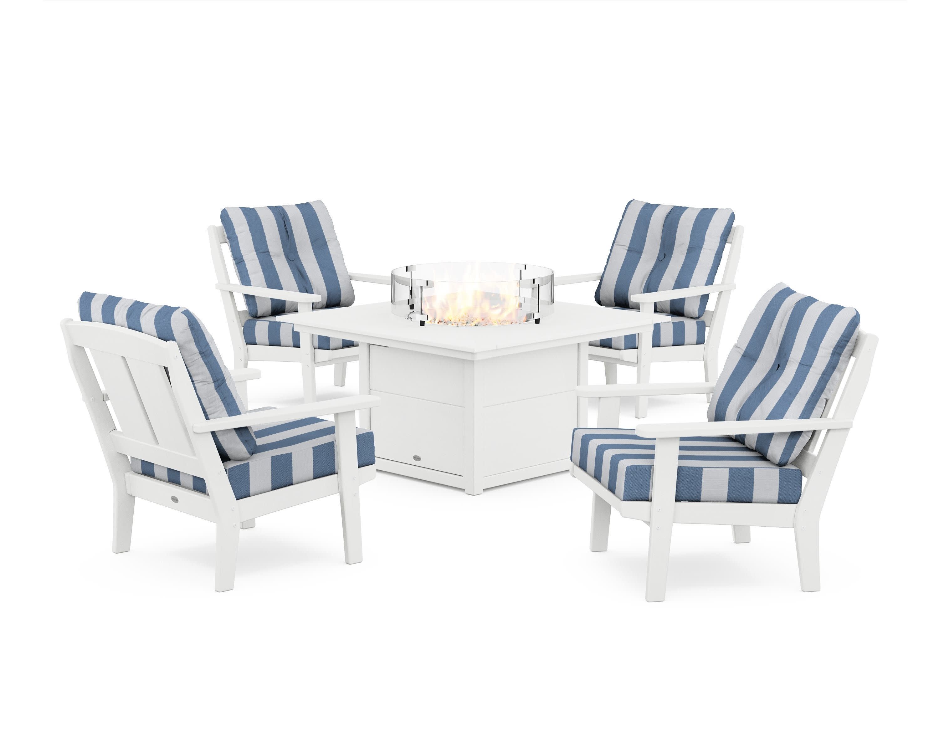 Mission 5-Piece Deep Seating Set with Fire Pit Table in White / Cabana Stripe Sky Blue