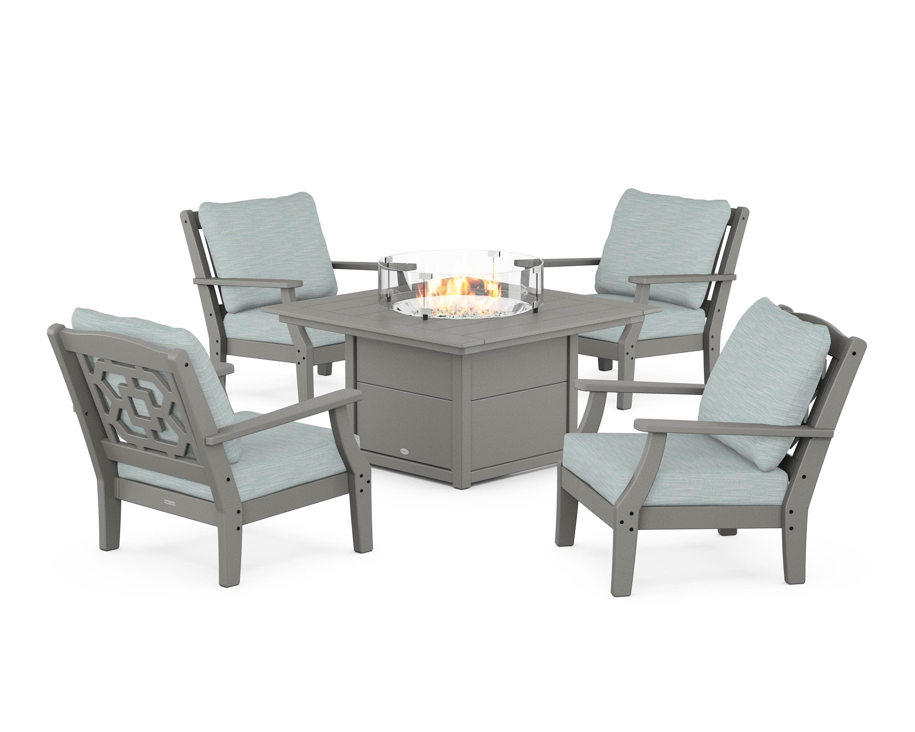 Chinoiserie 5-Piece Deep Seating Set with Fire Pit Table in Slate Grey / Soothe Mist