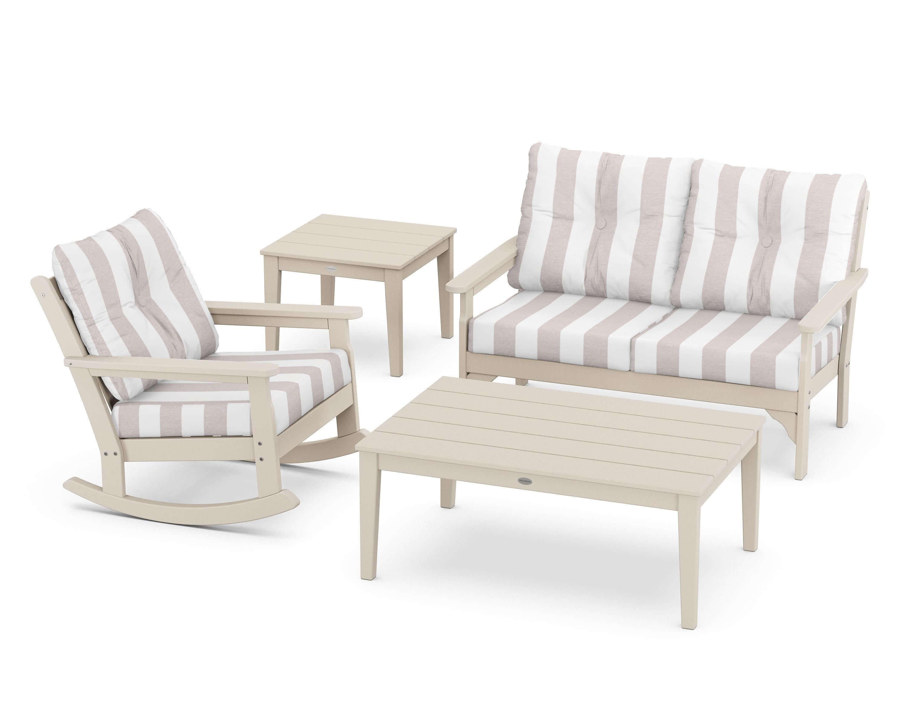 Vineyard 4-Piece Deep Seating Rocker Set in Sand / Cabana Stripe Dune Burlap