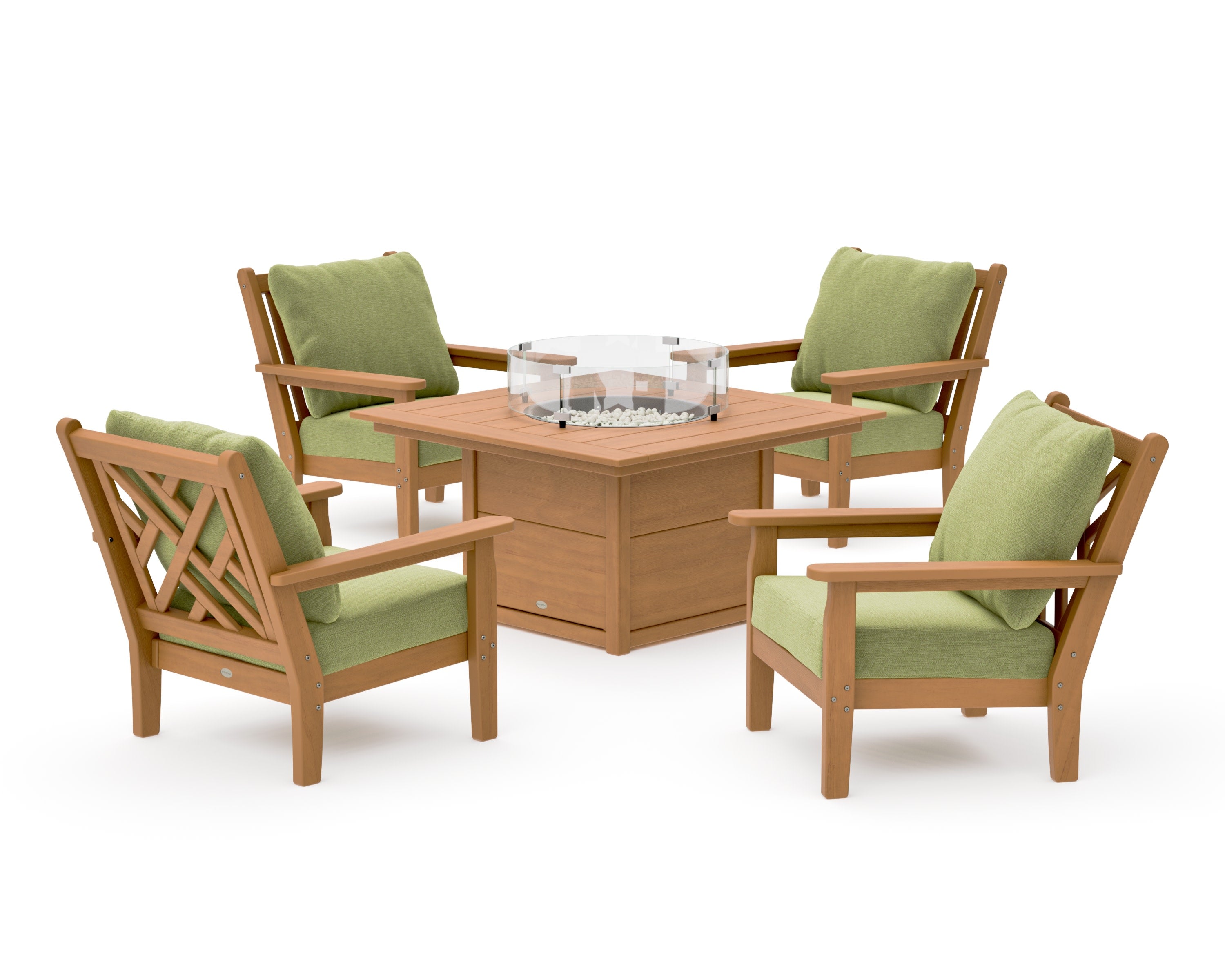 Chippendale 5-Piece Deep Seating Set with Fire Pit Table in Natural / Chartreuse Boucle