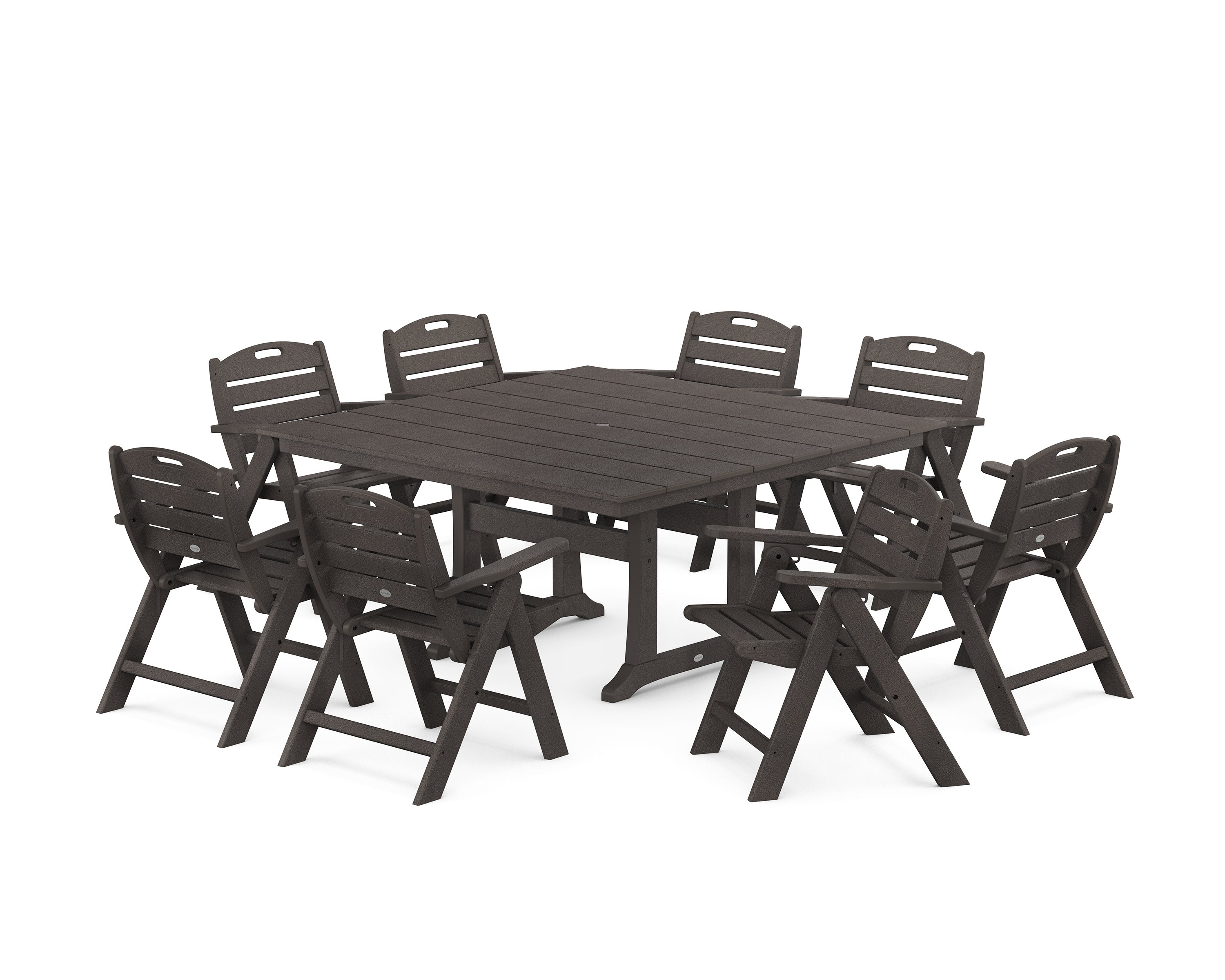 Nautical Lowback 9-Piece Square Farmhouse Dining Set with Trestle Legs in Vintage Coffee