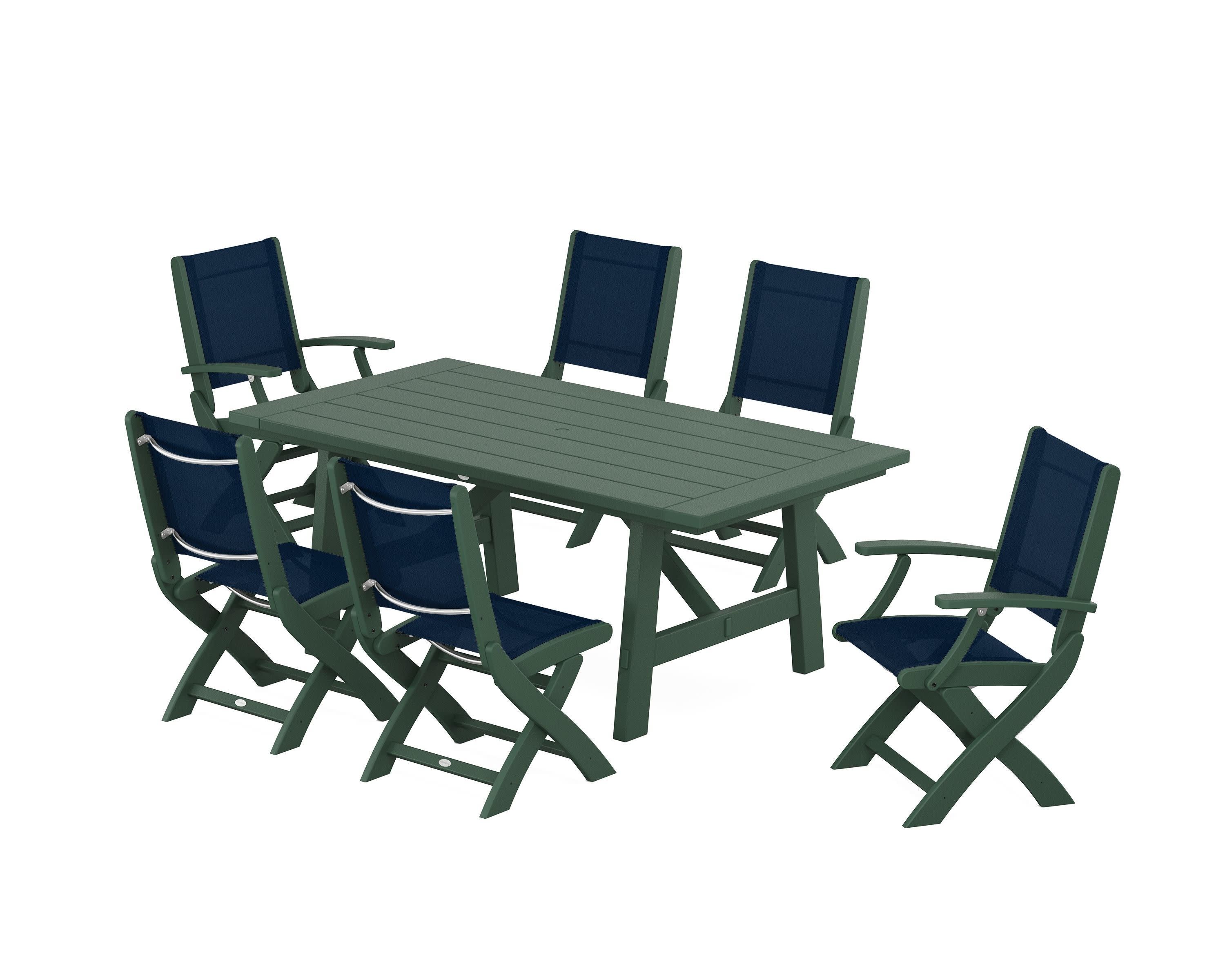 Coastal Folding Chair 7-Piece Rustic Farmhouse Dining Set in Green / Navy Blue Sling
