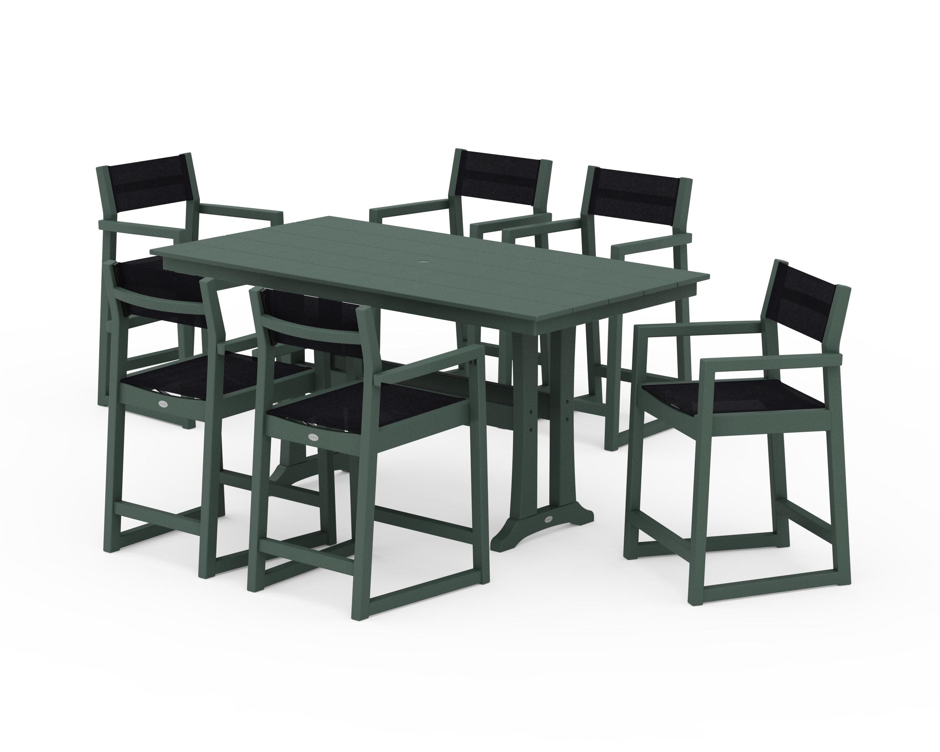 EDGE Sling Arm Chair 7-Piece Farmhouse Counter Set with Trestle Legs in Green / Black Sling