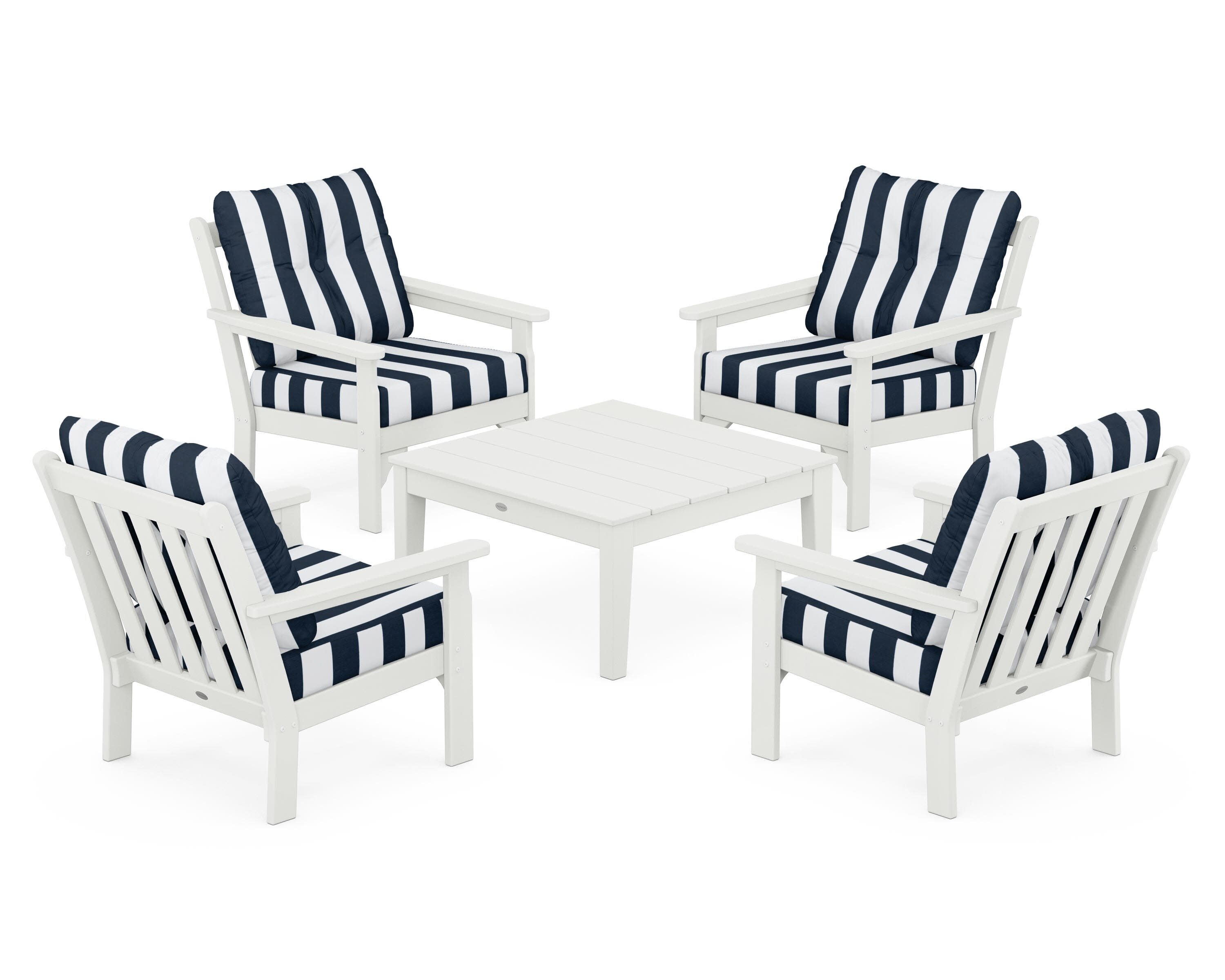Vineyard 5-Piece Deep Seating Conversation Set in Vintage White / Cabana Stripe Marine Indigo