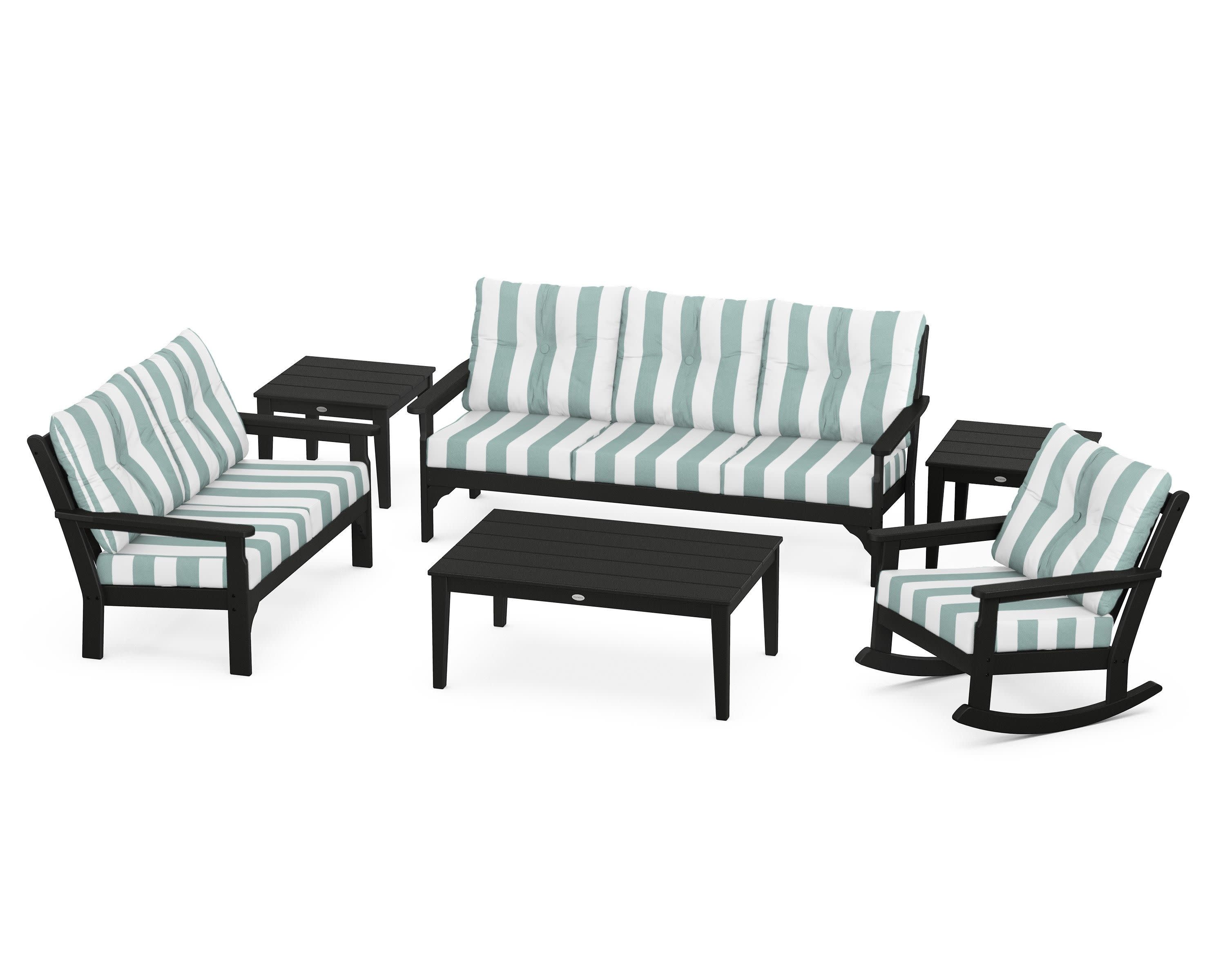 Vineyard 6-Piece Deep Seating Set in Black / Cabana Stripe Glacier Spa