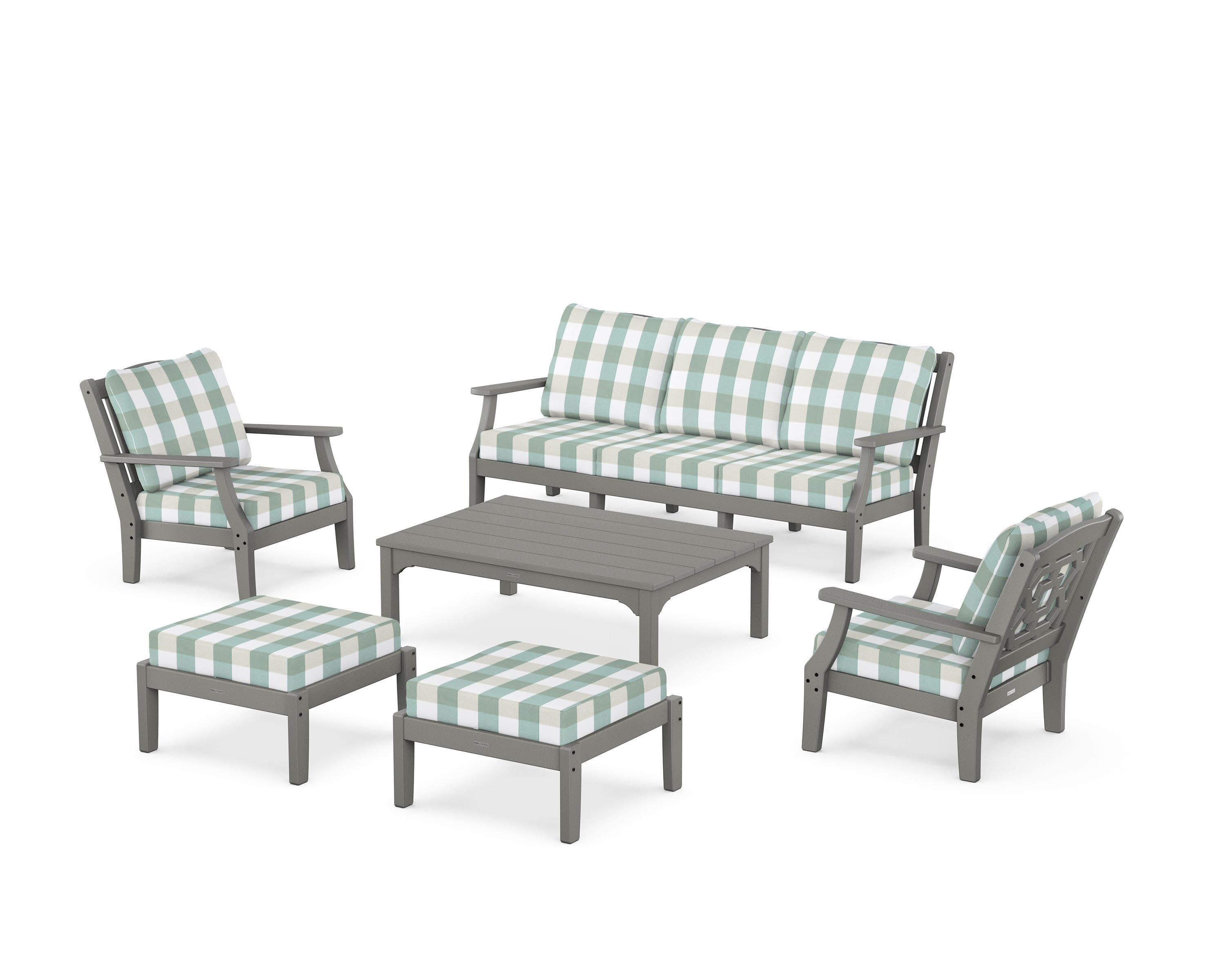Chinoiserie 6-Piece Lounge Sofa Set in Slate Grey / Buffalo Plaid Glacier Spa