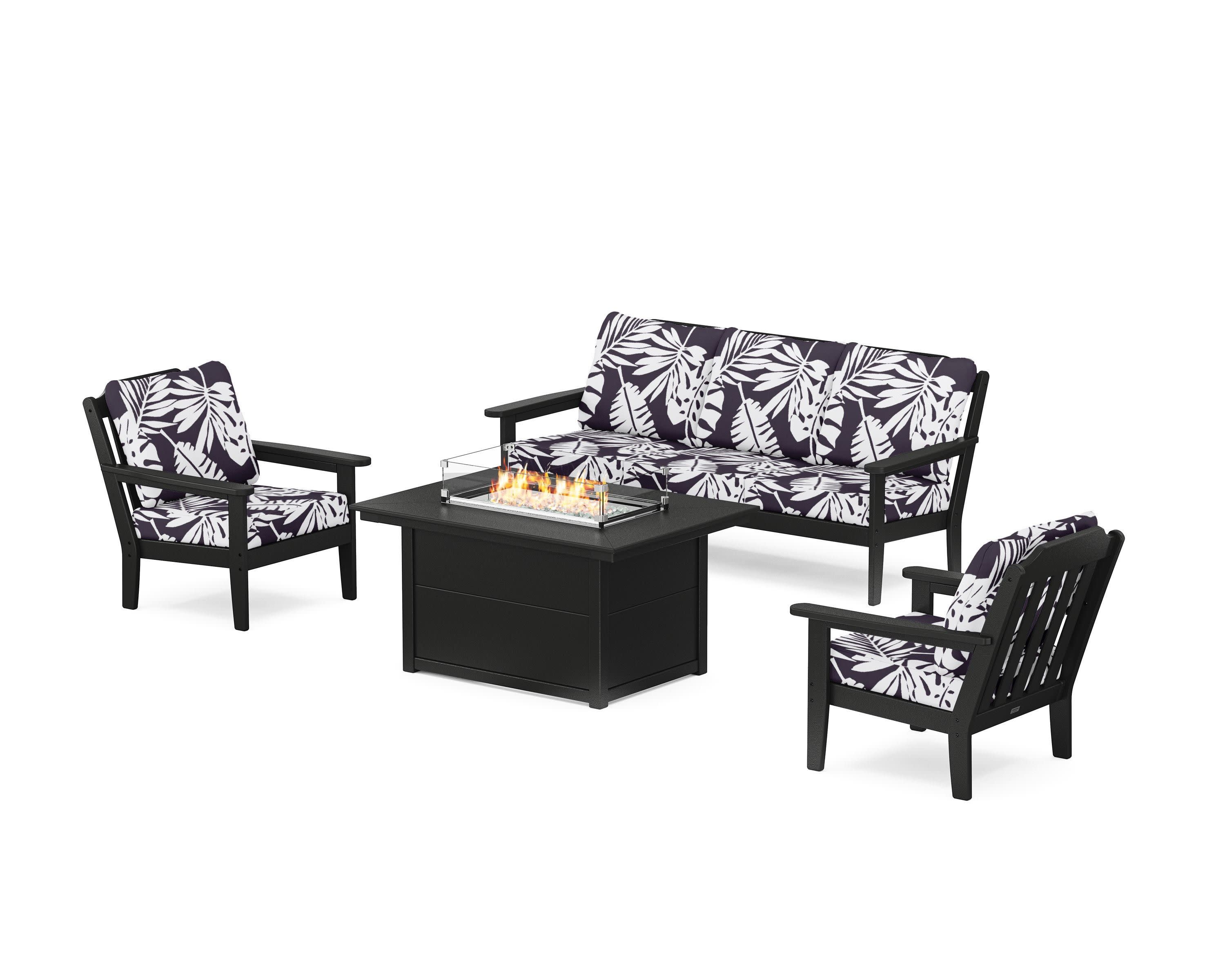 Cottage Deep Seating Fire Pit Table Set in Black / Leaf Navy