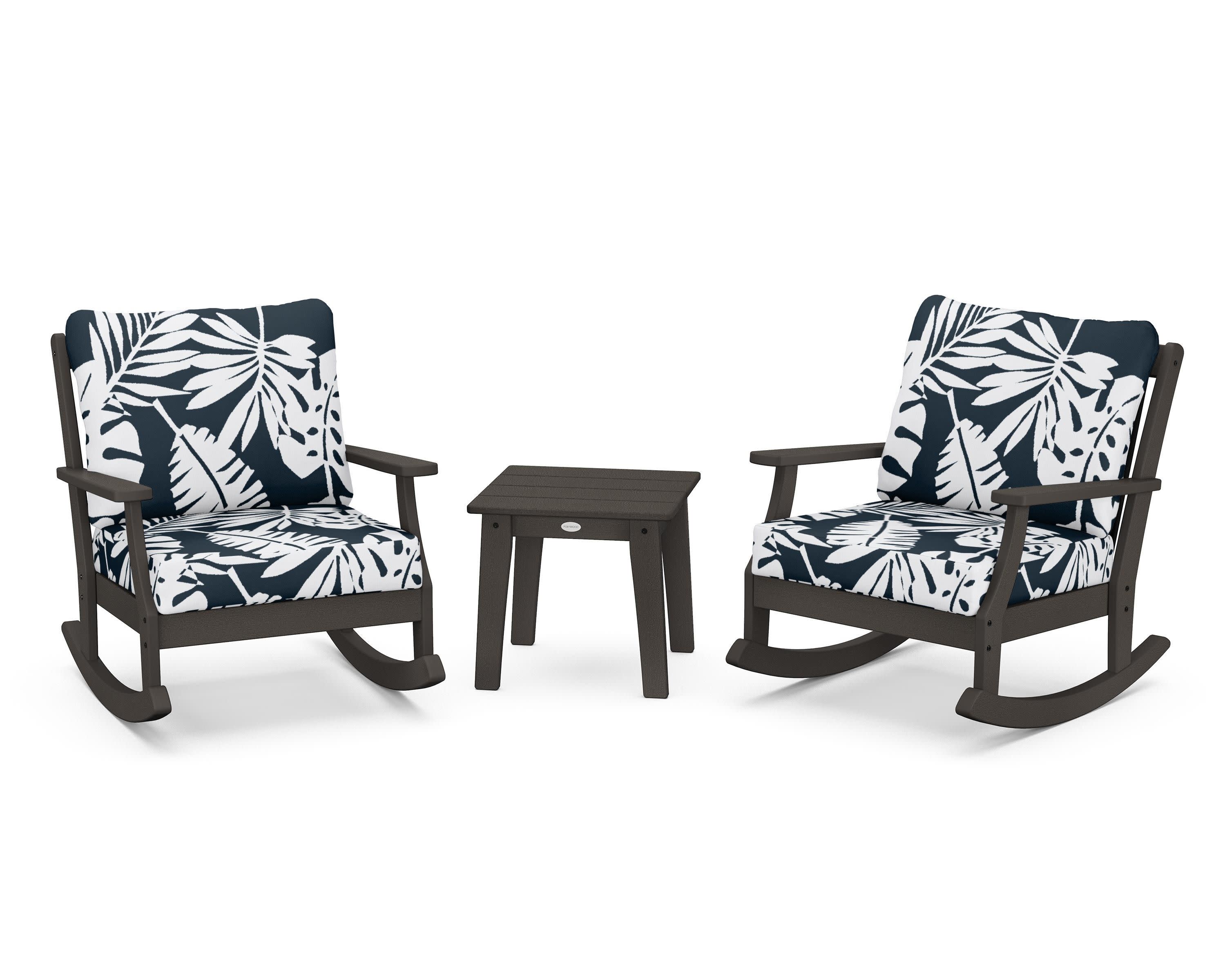 Braxton 3-Piece Deep Seating Rocker Set in Vintage Coffee / Leaf Marine Indigo